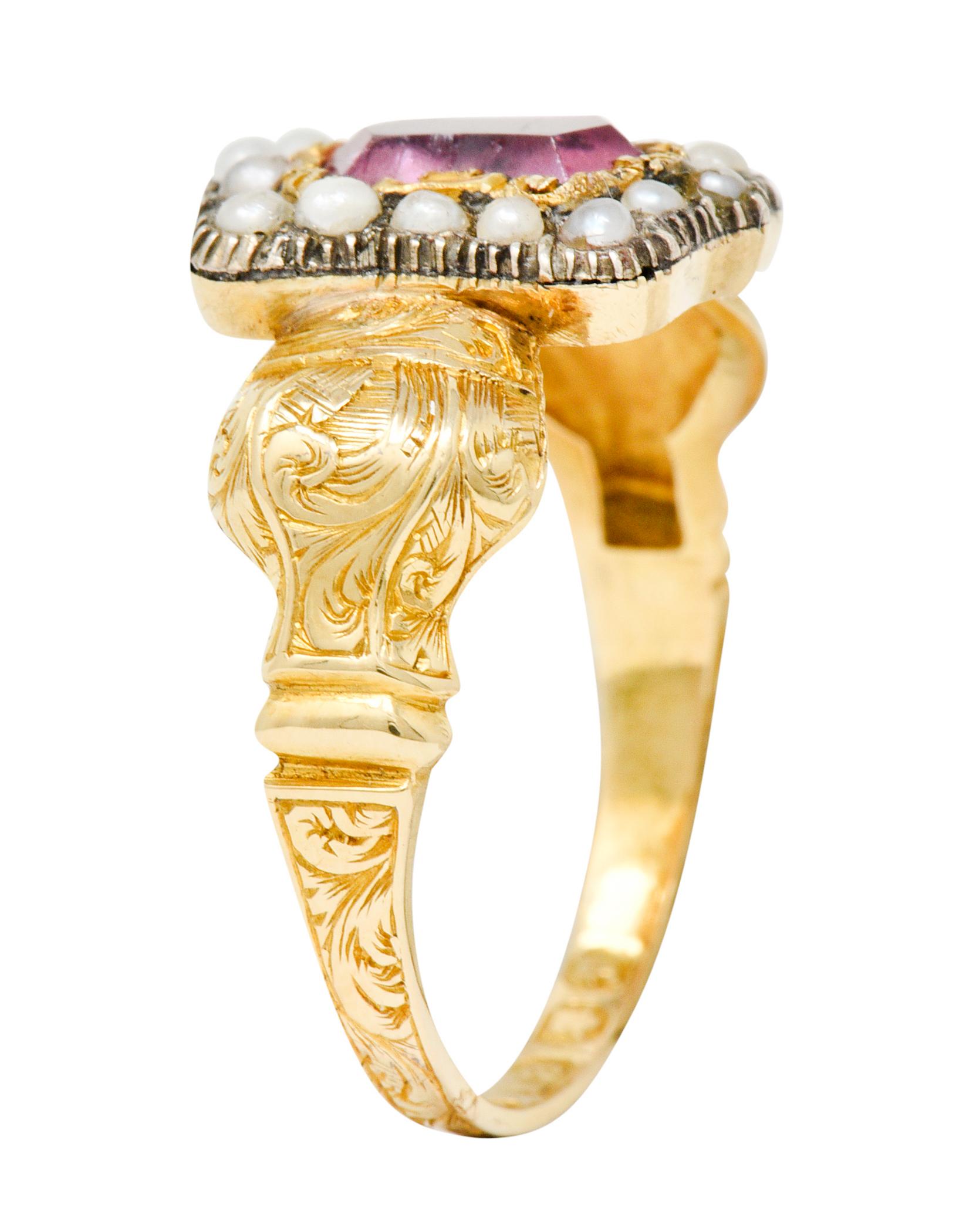 Georgian Silver-Topped 18 Karat Gold Hourglass Seed Pearl Cluster Ring 5