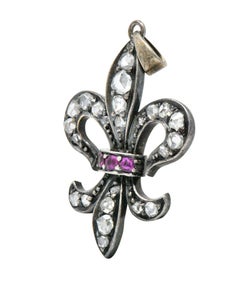 Georgian Silver-Topped Gold Diamond and Ruby Fleur-de-Lis Pendant