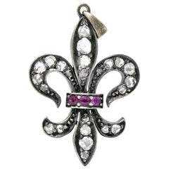 Georgian Silver-Topped Gold Diamond and Ruby Fleur-de-Lis Pendant