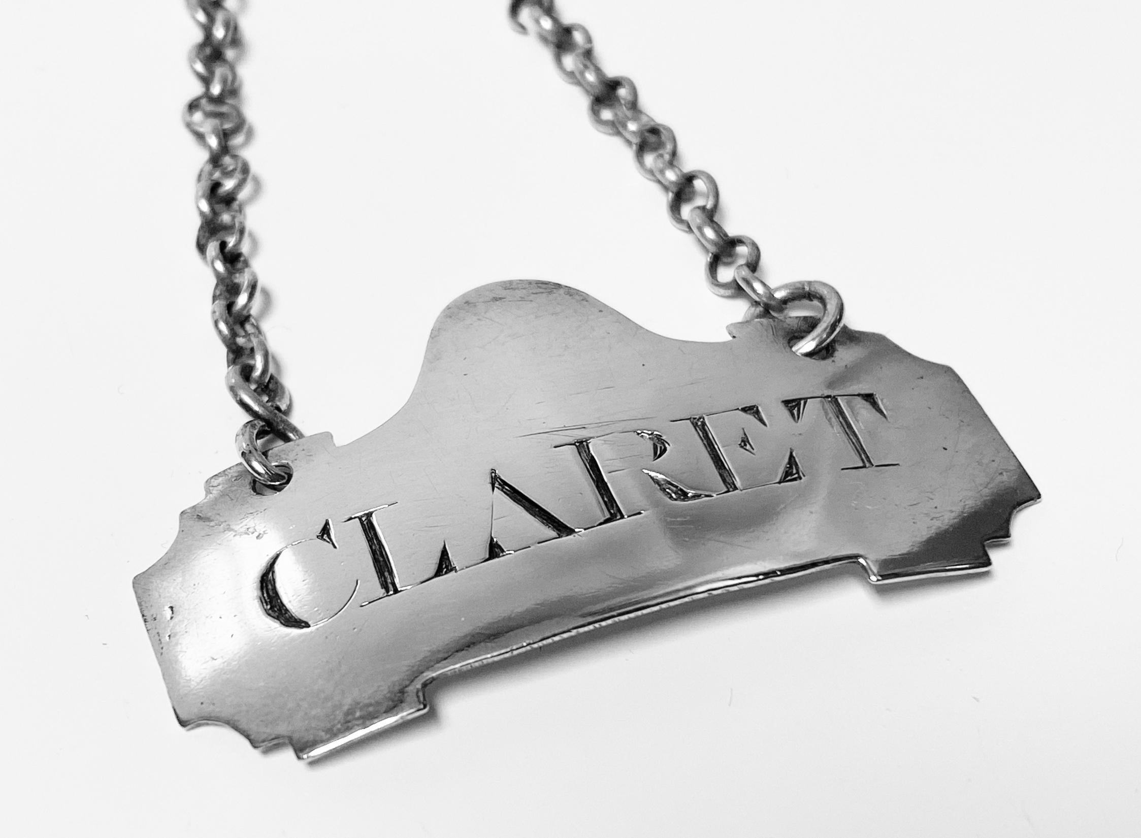 Antique Georgian silver wine label, Claret, London, 1809, John Reily. Measures: Length 1.75 inches.