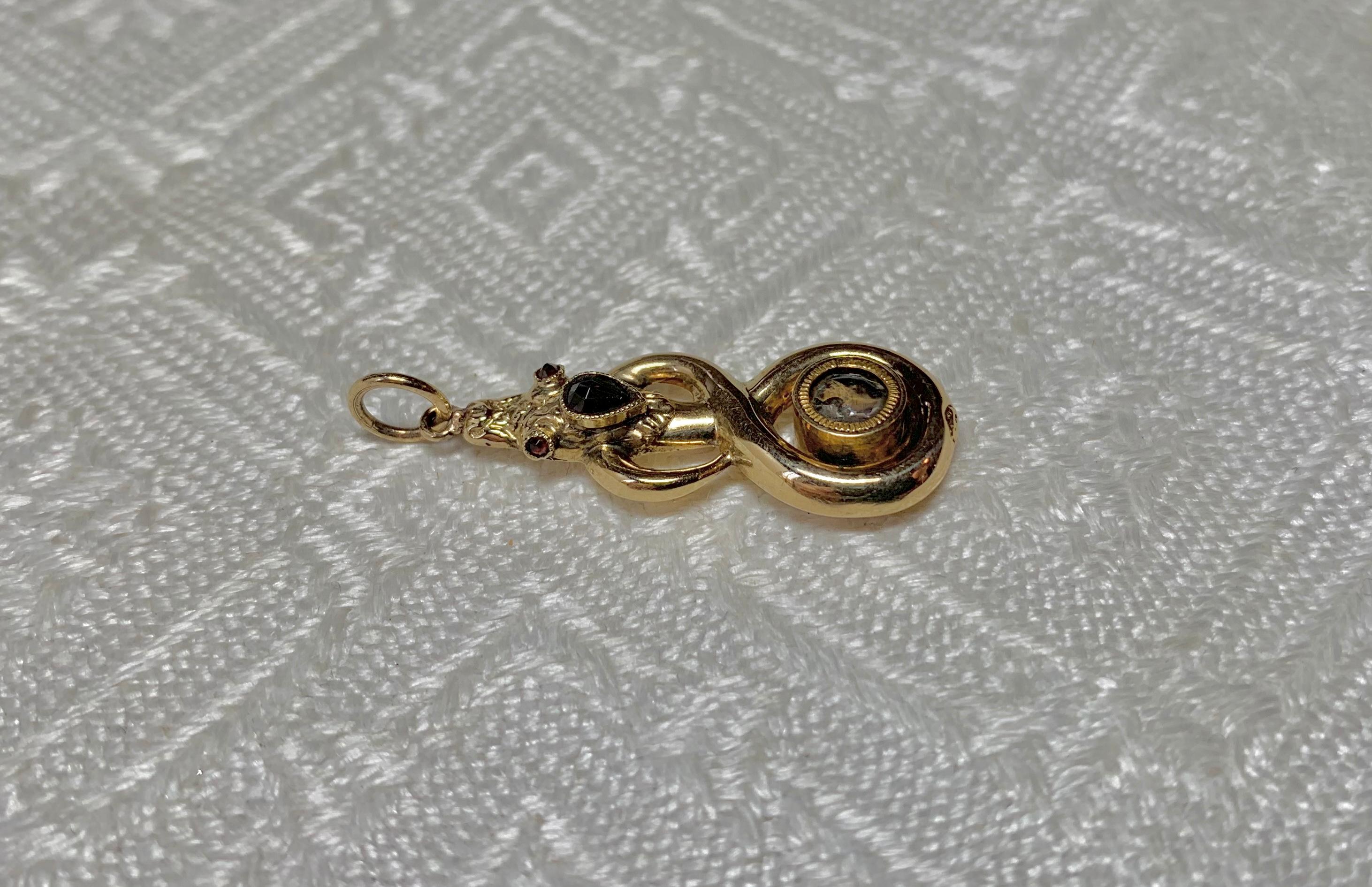 Pear Cut Georgian Snake Poison Locket Pendant Mourning Garnet Antique Gold 1800 Rare For Sale