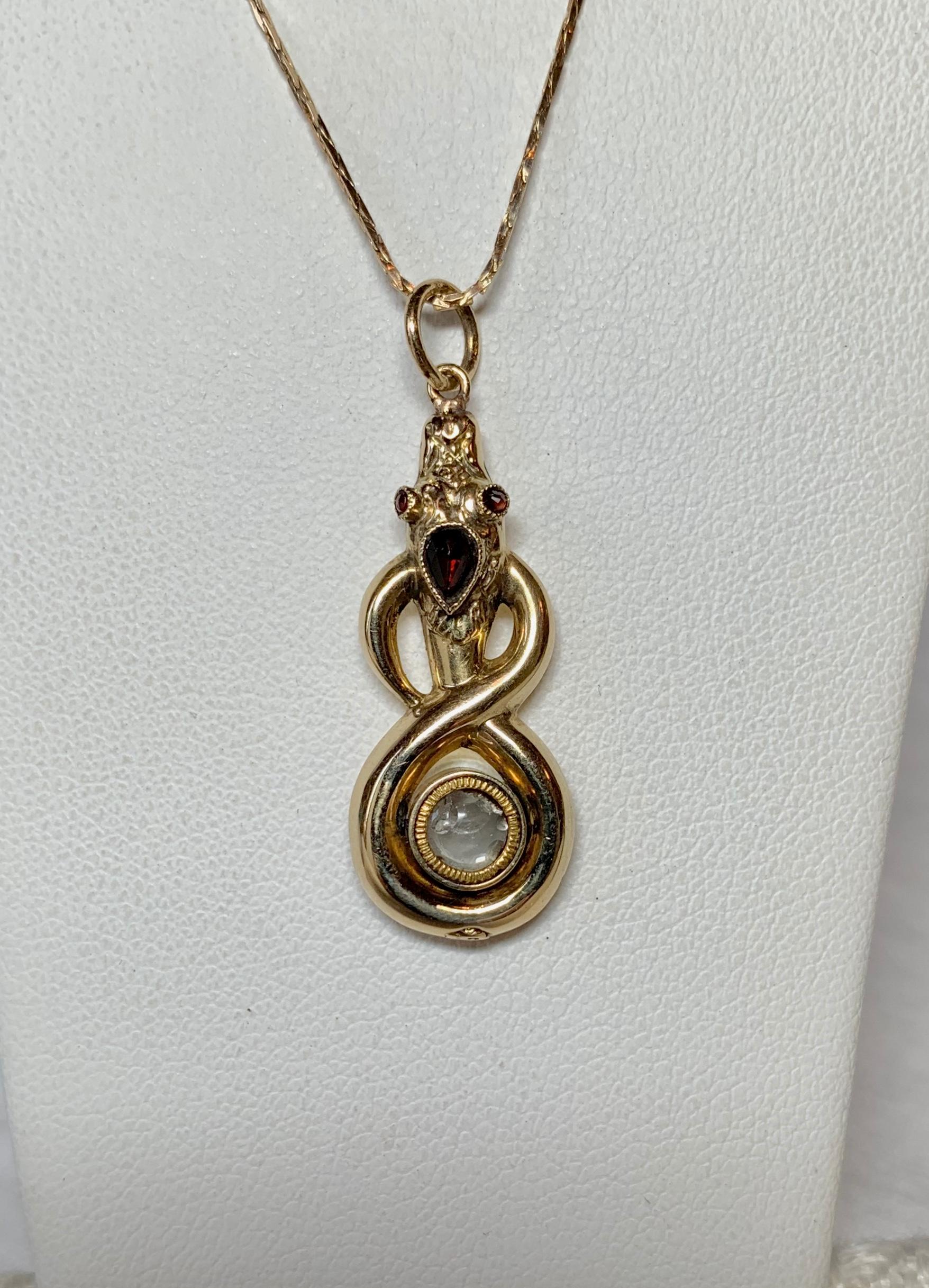 Women's or Men's Georgian Snake Poison Locket Pendant Mourning Garnet Antique Gold 1800 Rare For Sale