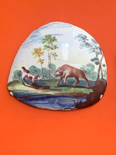 Georgian South Staffordshire Enamel Box Lid Fragment, Wild Boar Hunt, c. 1770