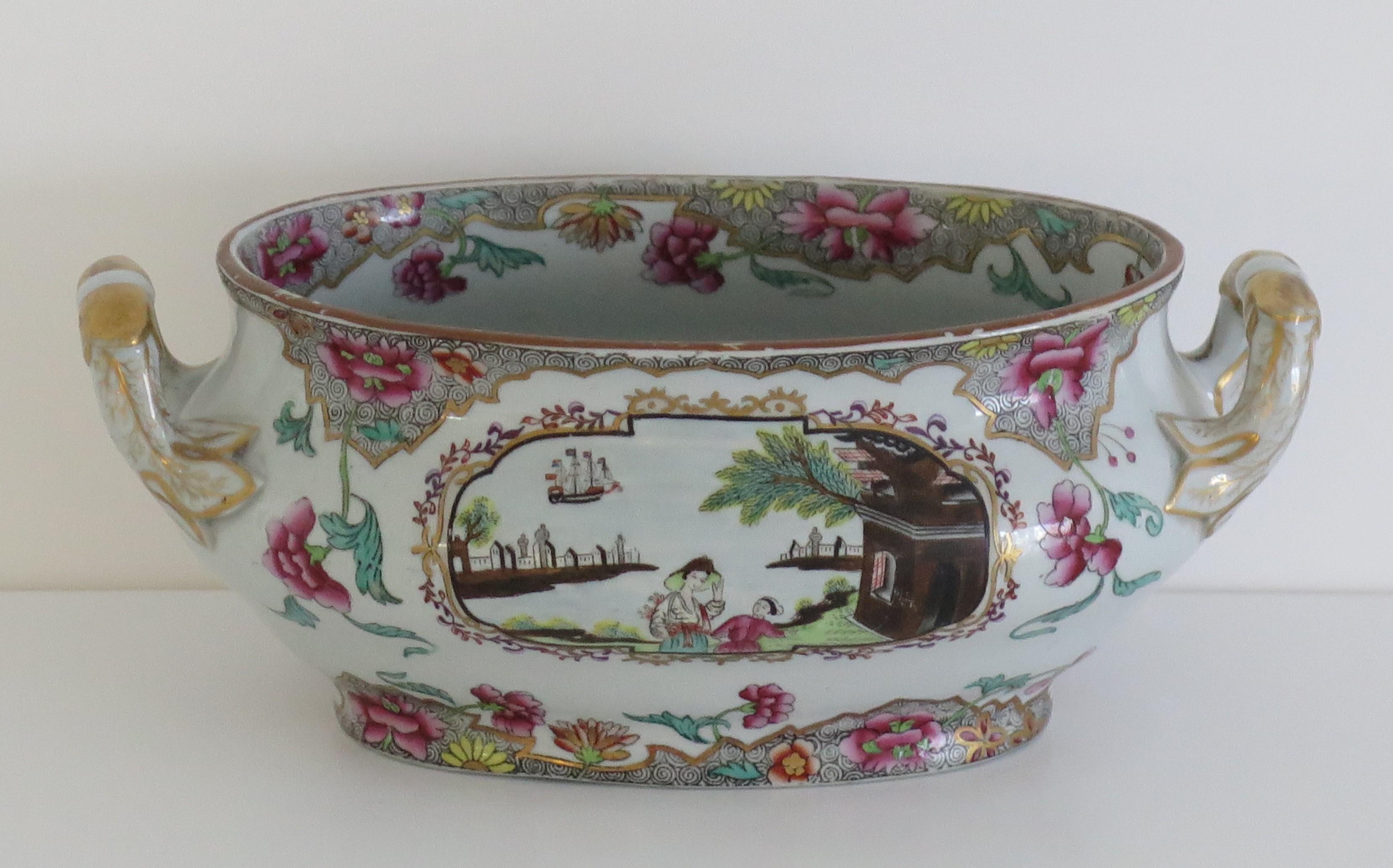 This is a very good sauce tureen made of ironstone (Spode's Stone China) in the Ship Pattern, No 3067, produced by the English, Spode factory early in the 19th century, George 111rd Period.

The piece is well potted with two side handles.

The