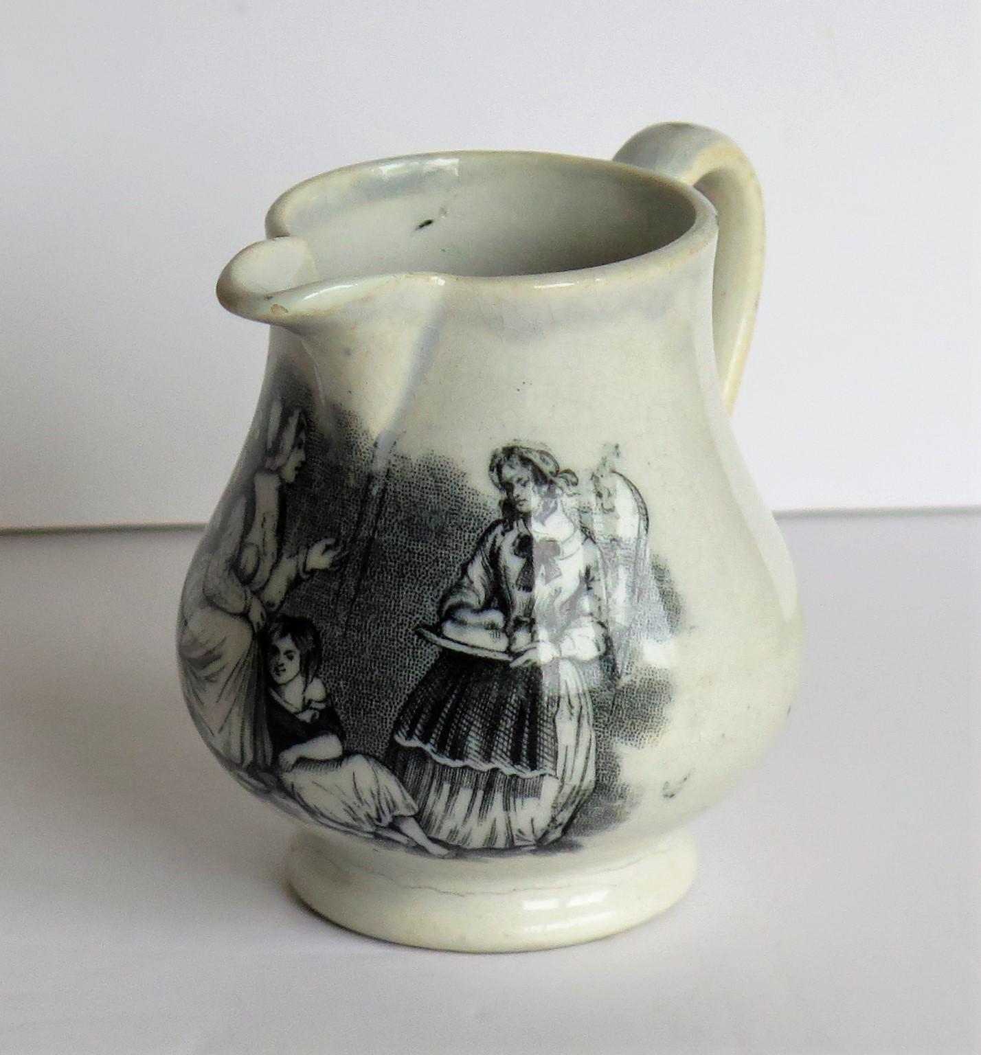 Georgian Staffordshire Pearlware Cream Jug Bat Printed Family Scene, circa 1815 8