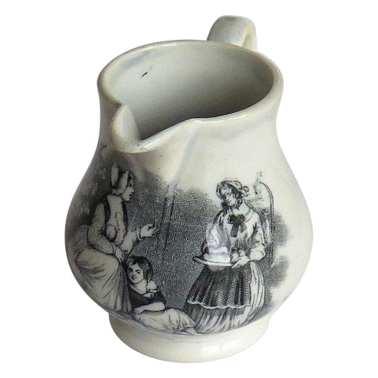 Georgian Staffordshire Pearlware Cream Jug Bat Printed Family Scene, circa 1815
