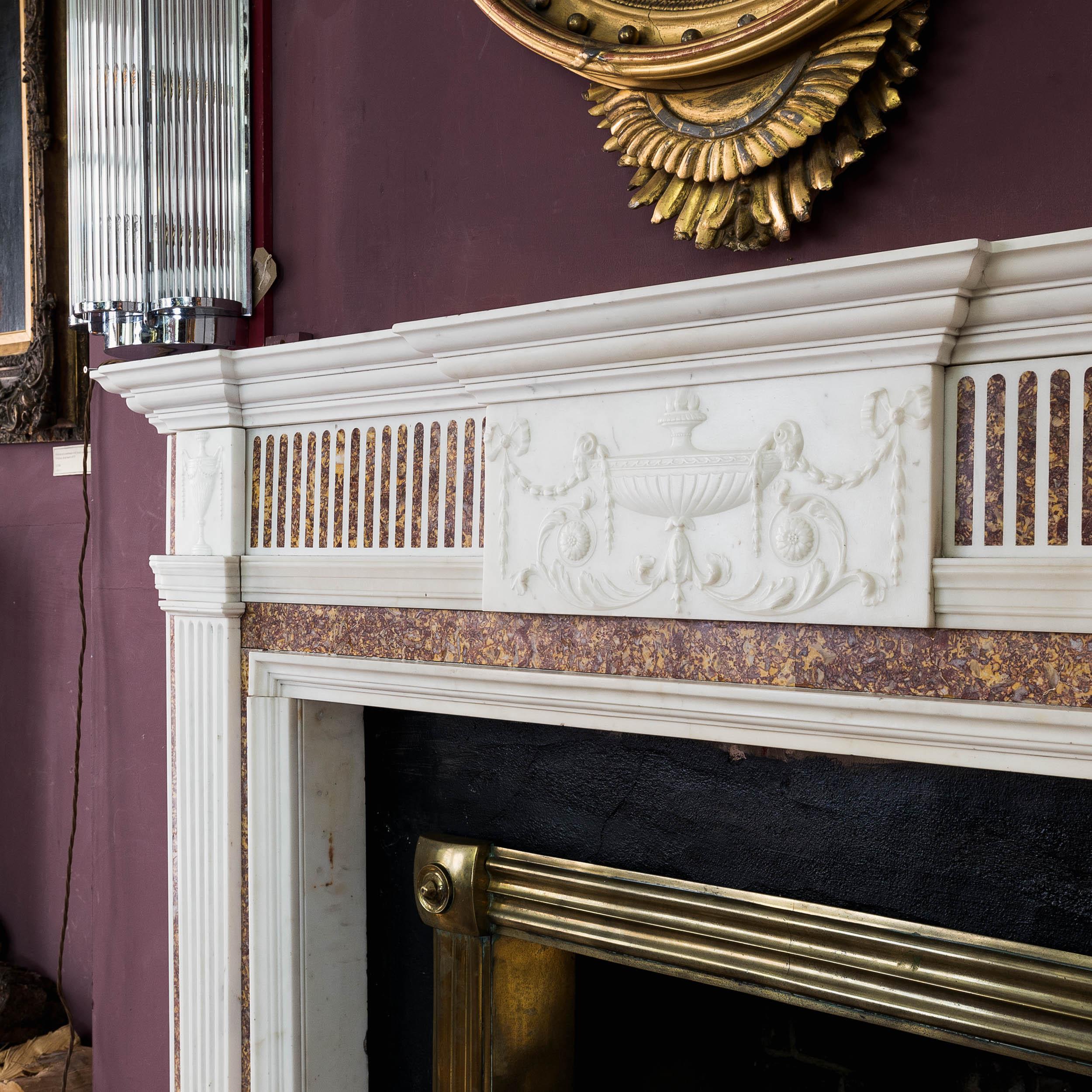 Georgian Statuary Marble Fireplace with Carved Tablet and Brocatelle Inlay For Sale 7