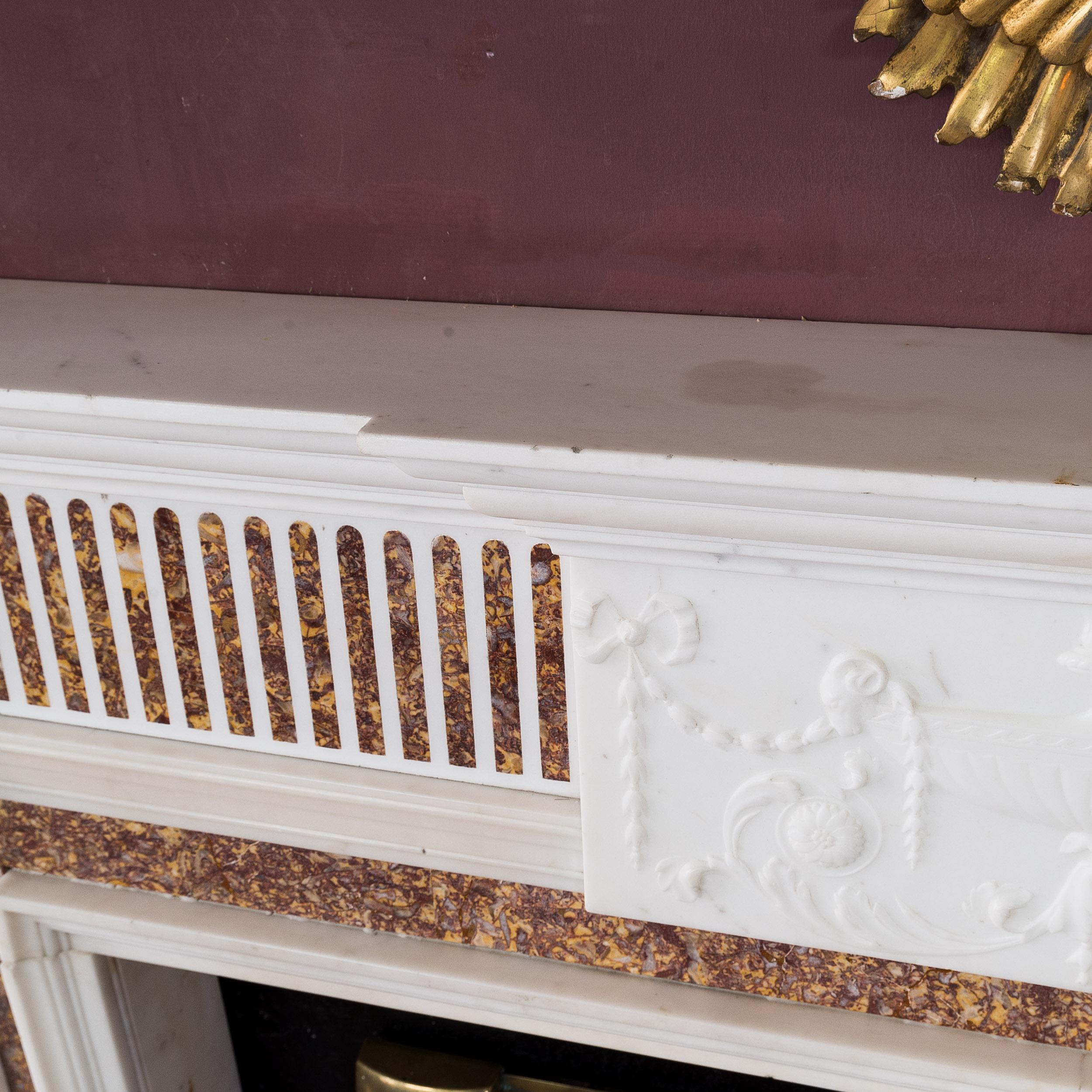 Georgian Statuary Marble Fireplace with Carved Tablet and Brocatelle Inlay For Sale 11