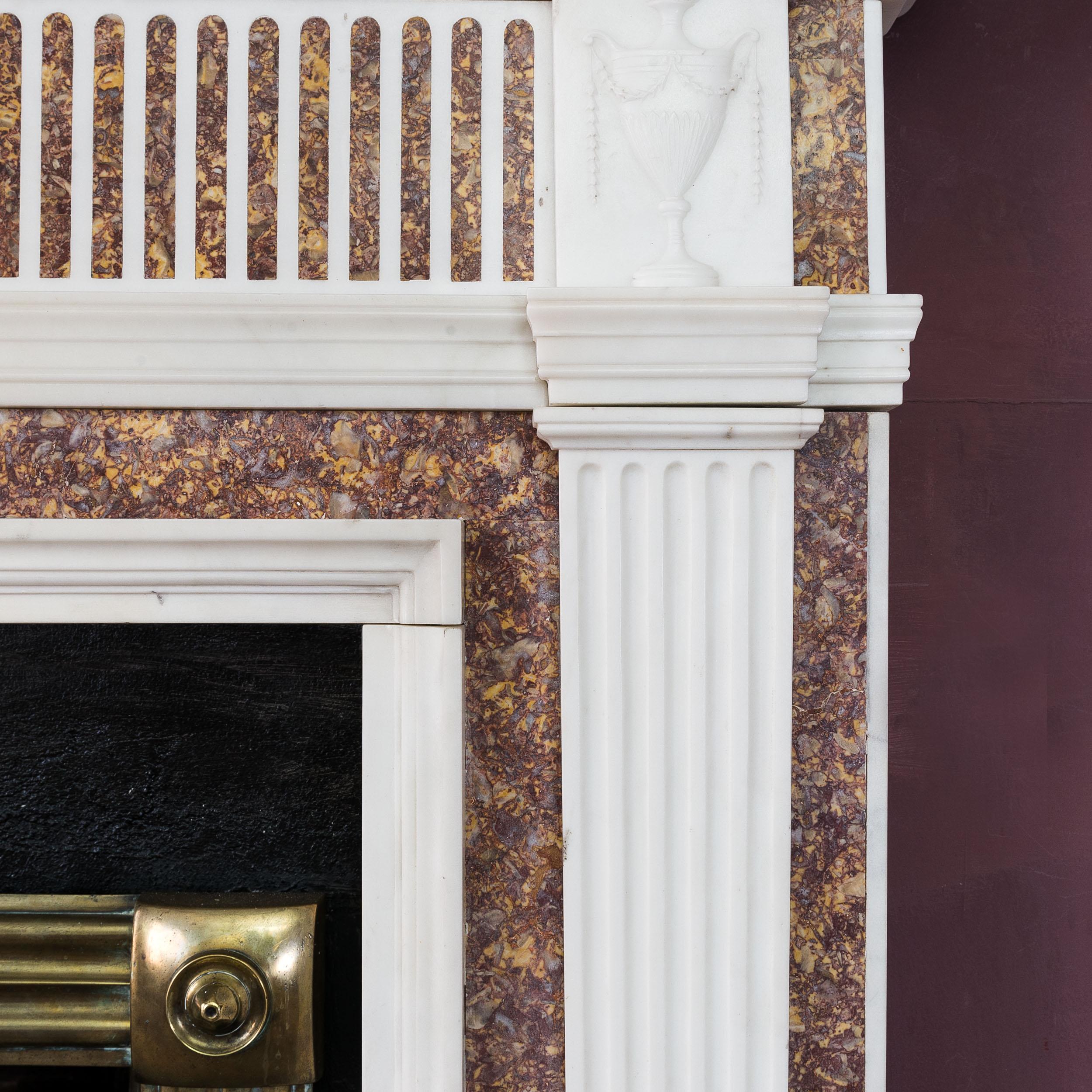 George III Georgian Statuary Marble Fireplace with Carved Tablet and Brocatelle Inlay For Sale