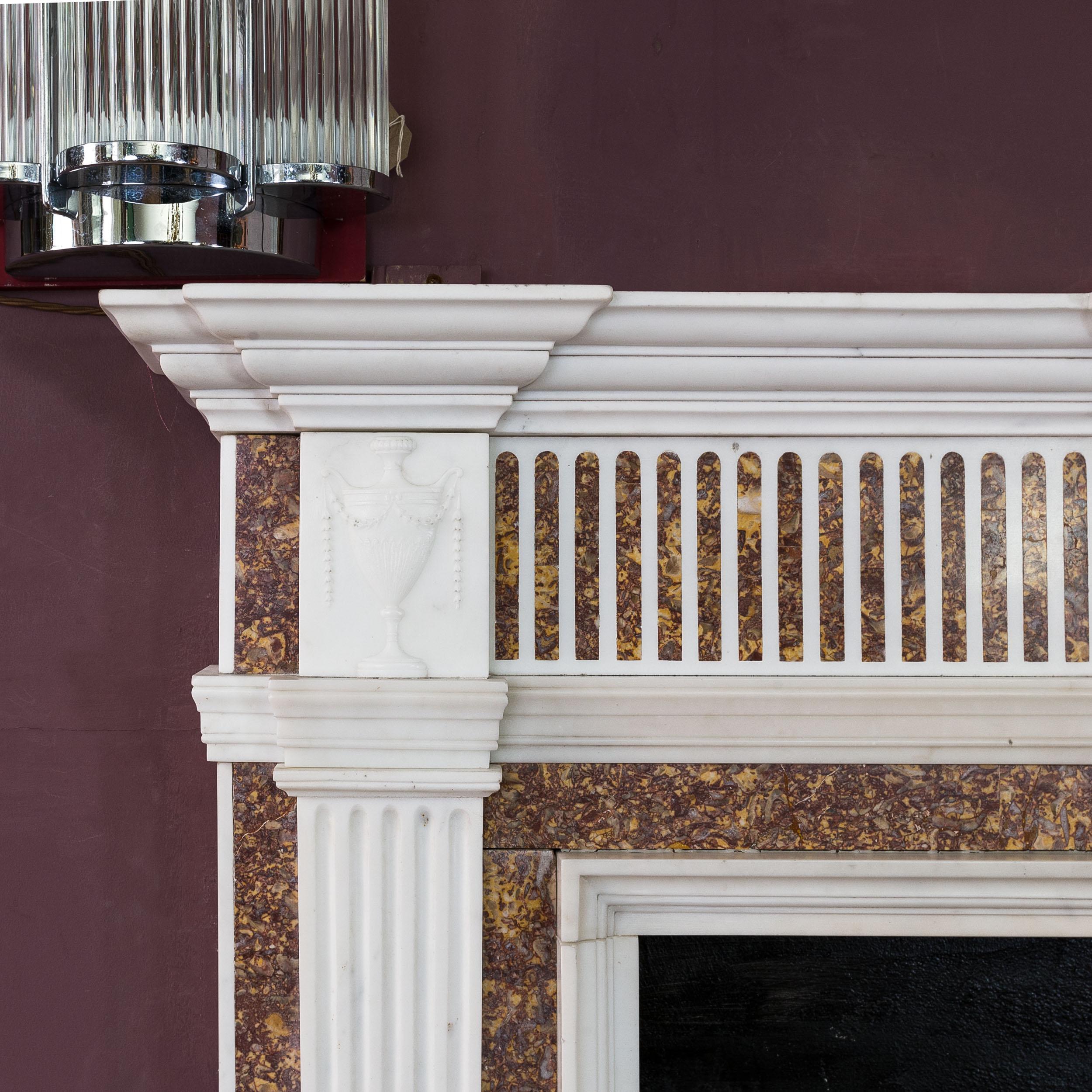 British Georgian Statuary Marble Fireplace with Carved Tablet and Brocatelle Inlay For Sale