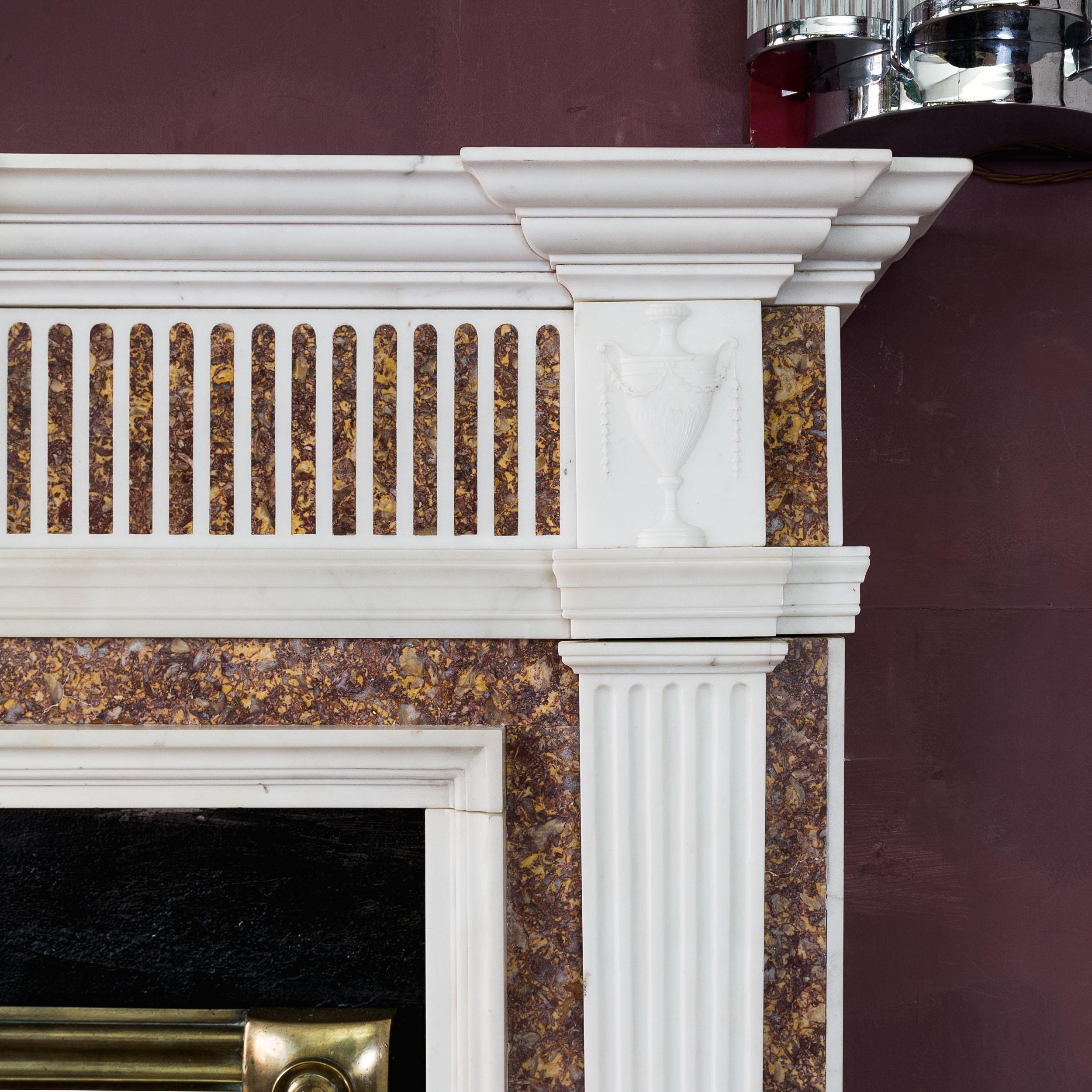 Hand-Carved Georgian Statuary Marble Fireplace with Carved Tablet and Brocatelle Inlay For Sale