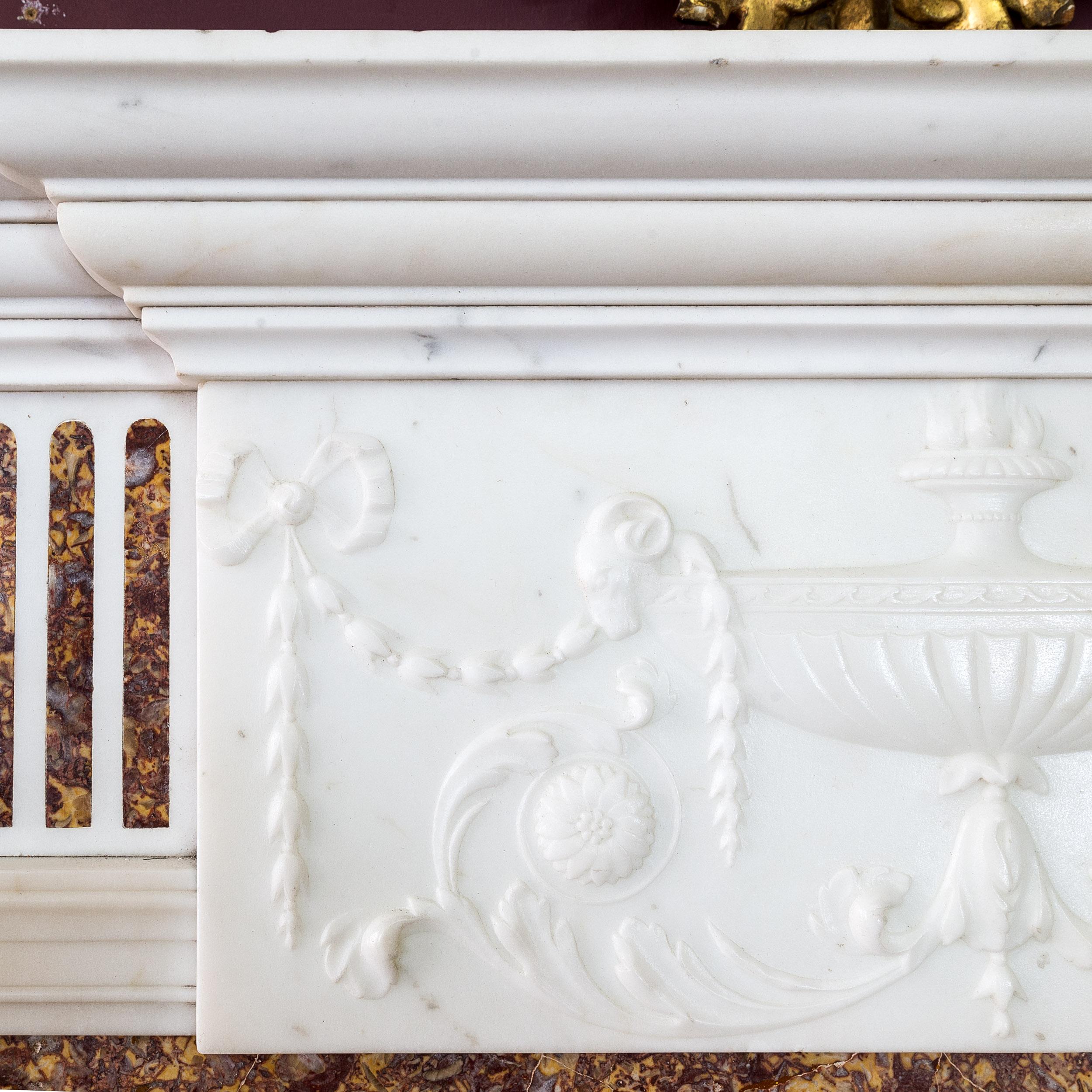 Georgian Statuary Marble Fireplace with Carved Tablet and Brocatelle Inlay For Sale 1
