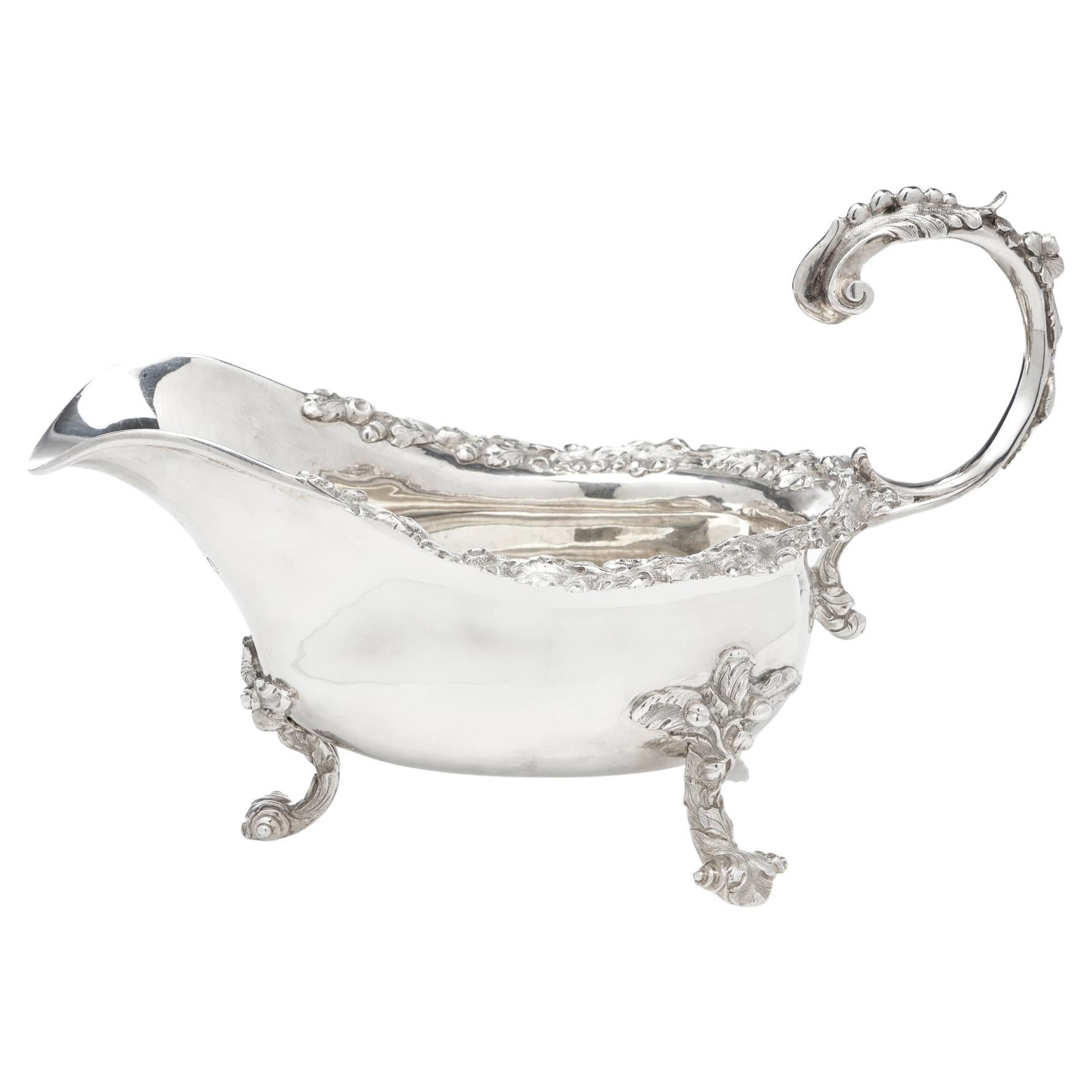 Georgian Sterling Silver Chased Sauce Boat, James Arthur, London, 1827 For Sale
