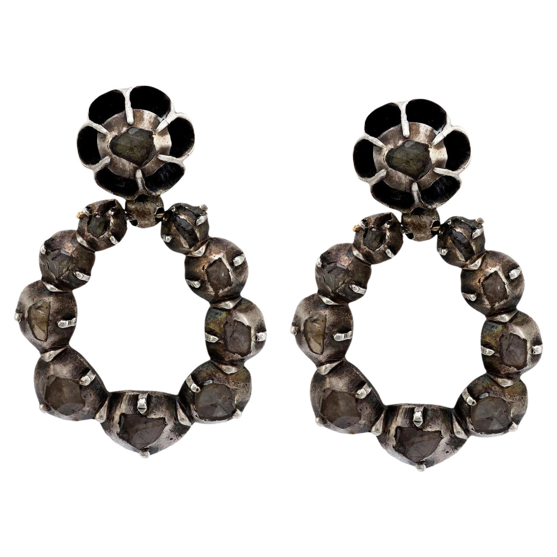 Pendientes georgianos de diamantes de plata de ley