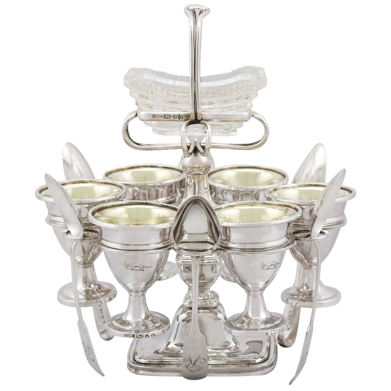 Georgian Sterling Silver Egg Cruet Set for Six Persons