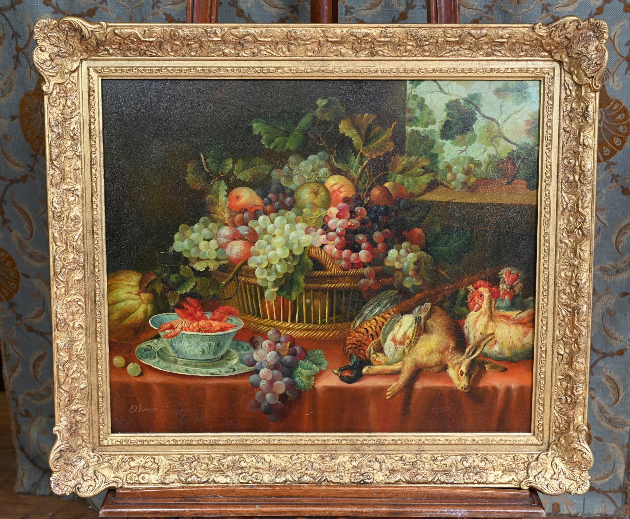 Gorgeous large still life oil painting in the Georgian manner
Shows a large still life display with fruits, a bowl with lobsters in it and various animals including pheasants, a rabbit and chickens
Very evocative classic piece
Signed in bottom left