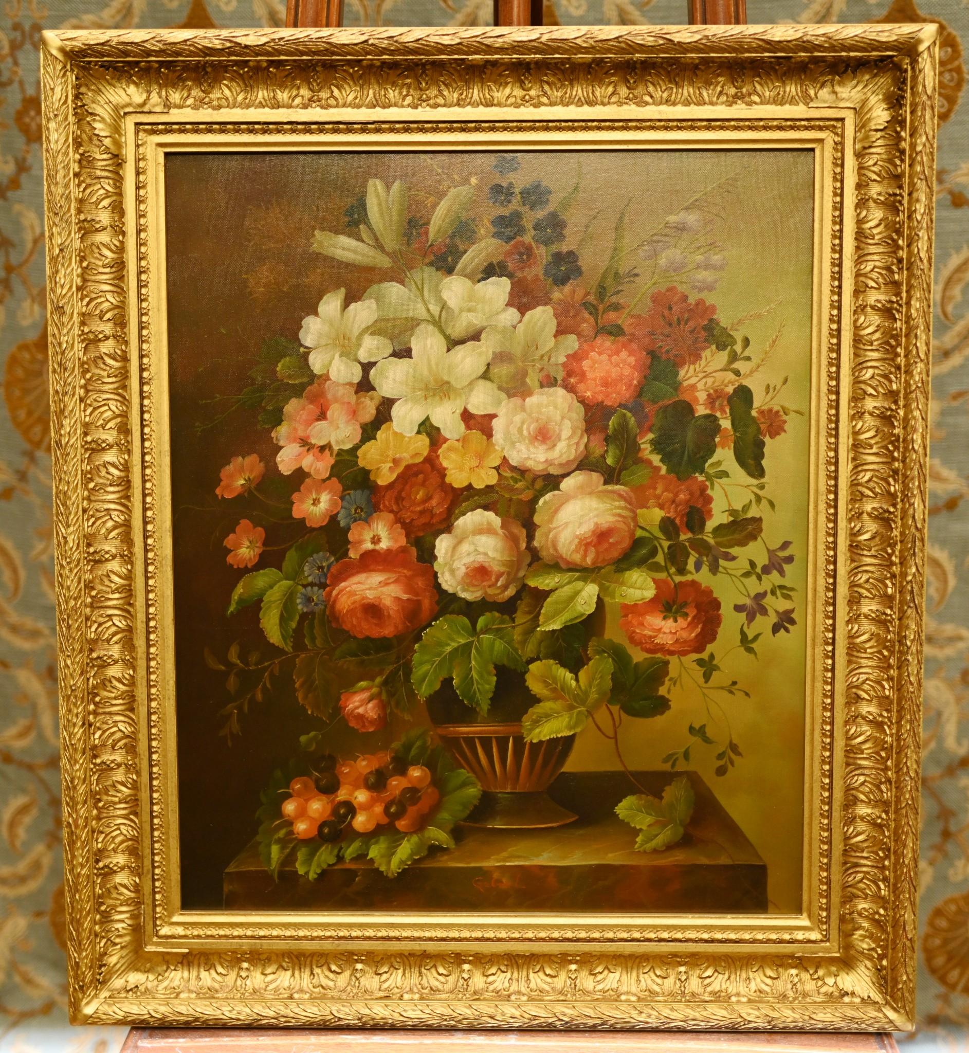 You are viewing a gorgeous floral still life oil painting in the Georgian manner
Such a vivid spray of bright flowers this will brighten up any room
Brush work so detailed and the choice of colours works so well Comes in the gilt frame ready to