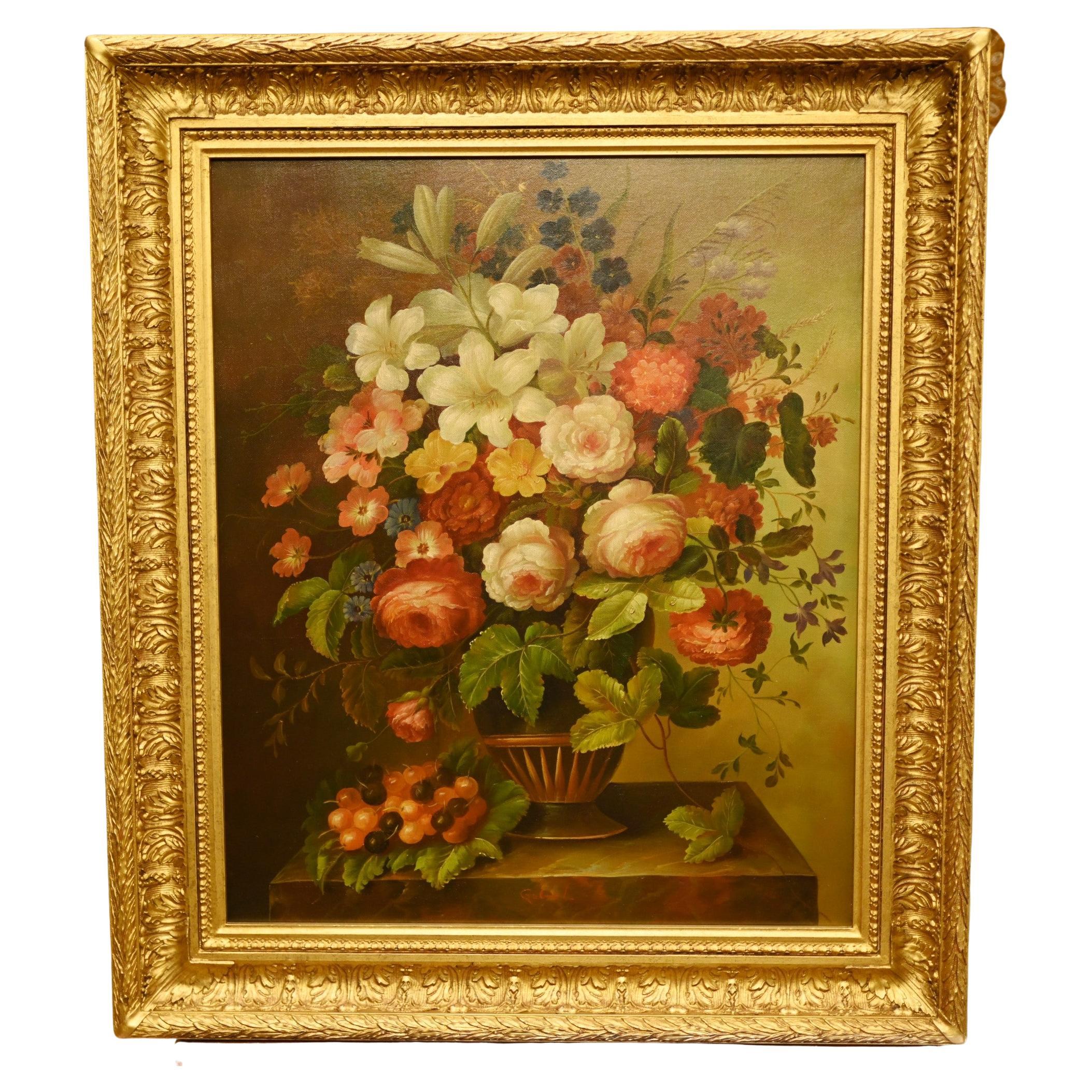 Georgian Still Life Oil Painting Floral Fruits For Sale