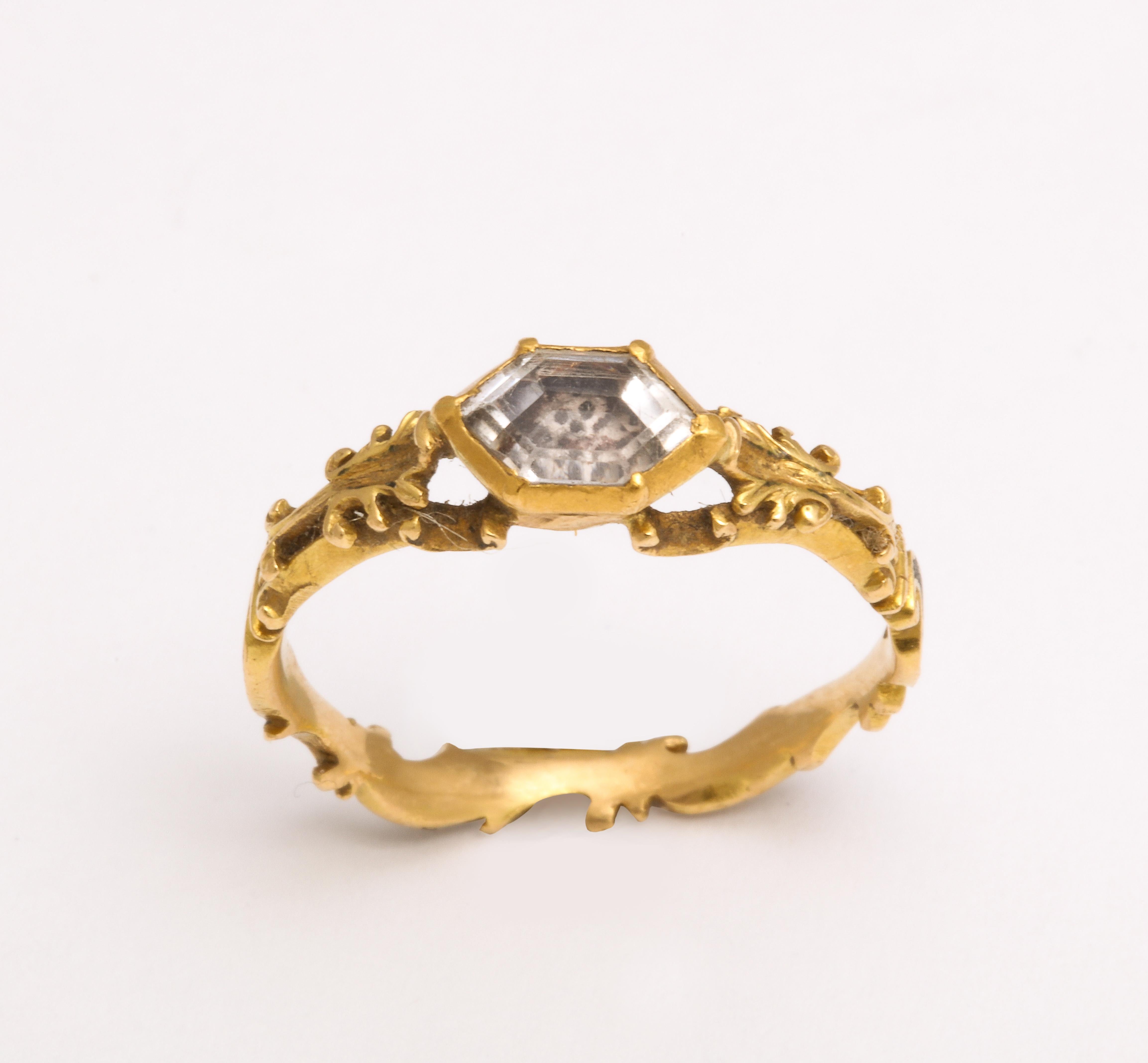 Hexagon Cut Georgian Stuart Crystal Ring in Crystal Gold and Enamel For Sale