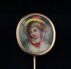 Georgian Stunning Young Boy Enamel Miniature Large Stick Pin in Gold (épingle à bâton)