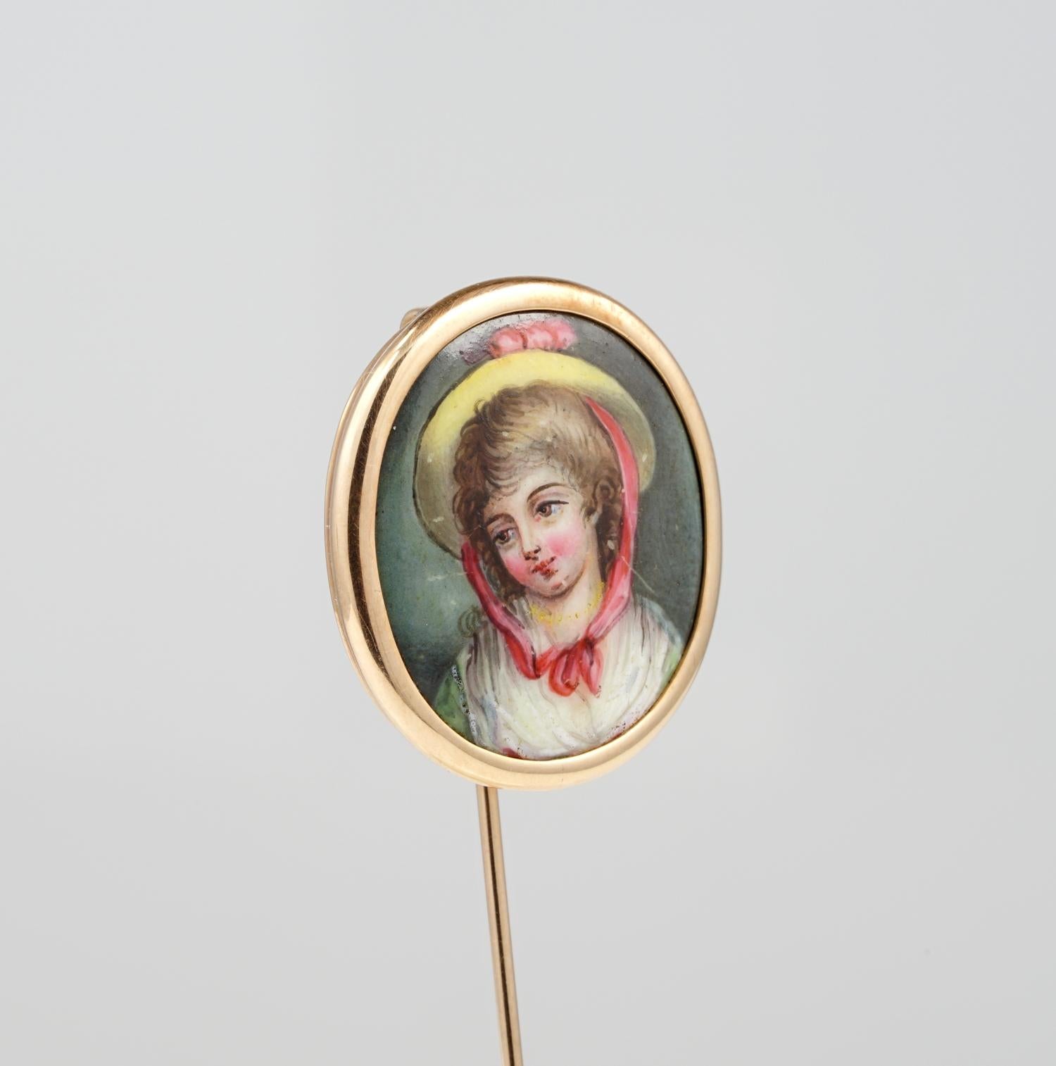 Women's or Men's Georgian Stunning Young Boy Enamel Miniature Large Stick Pin in Gold For Sale