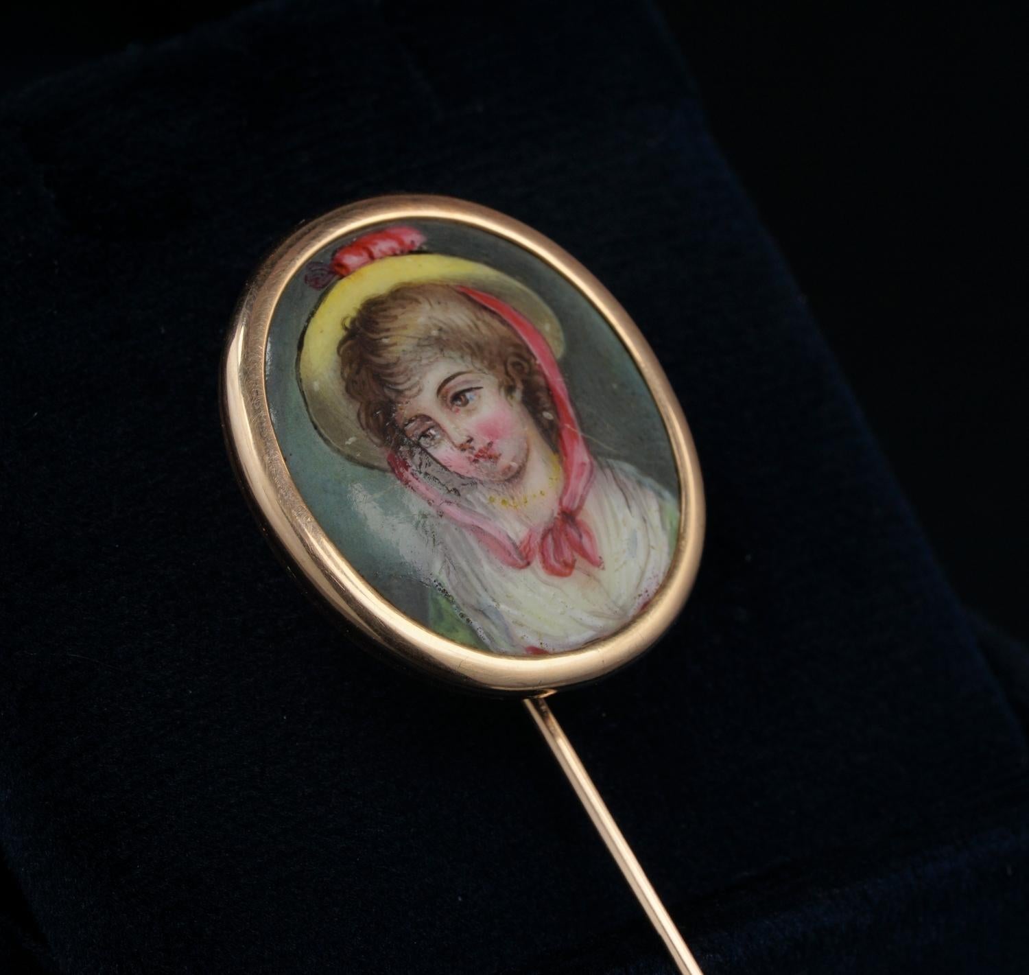Georgian Stunning Young Boy Enamel Miniature Large Stick Pin in Gold For Sale 1