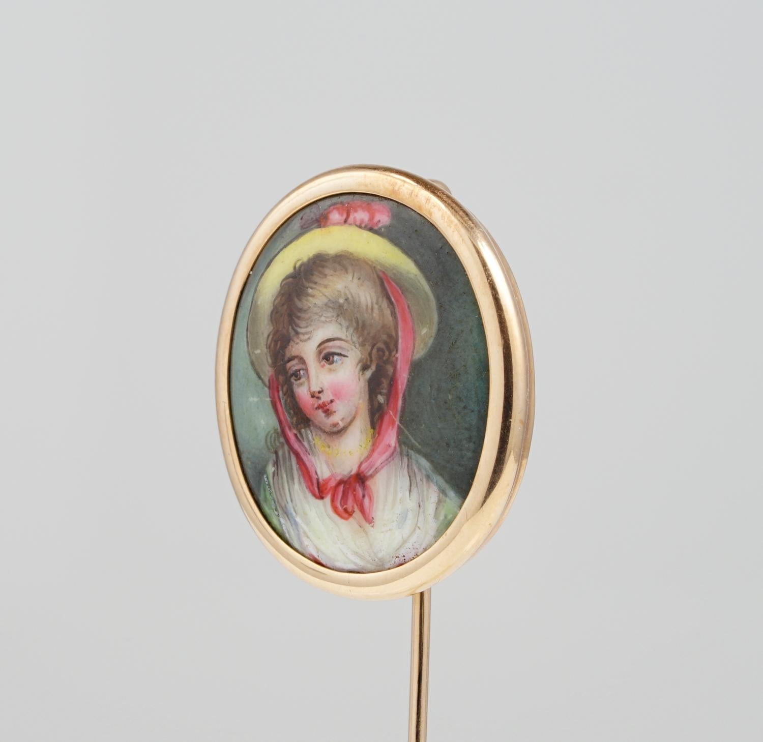 Georgian Stunning Young Boy Enamel Miniature Large Stick Pin in Gold For Sale 2