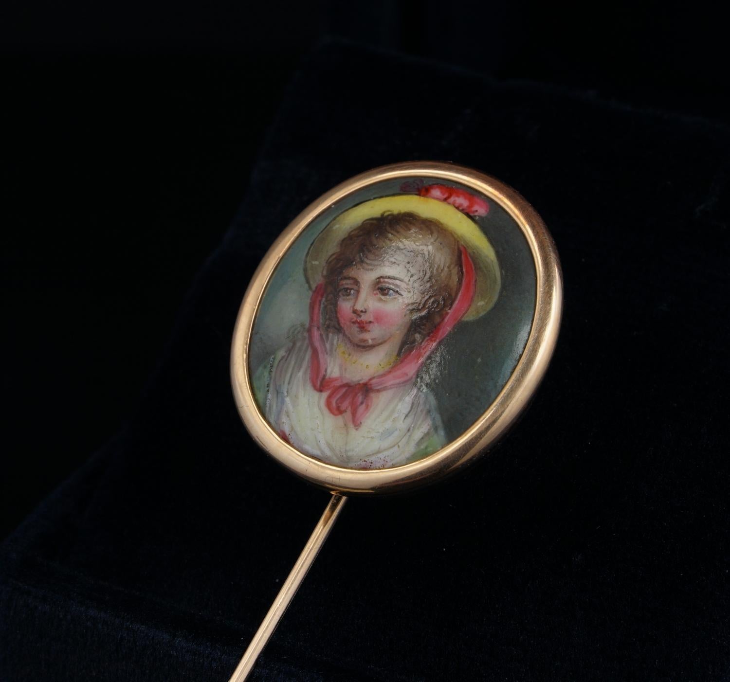 Georgian Stunning Young Boy Enamel Miniature Large Stick Pin in Gold For Sale 3