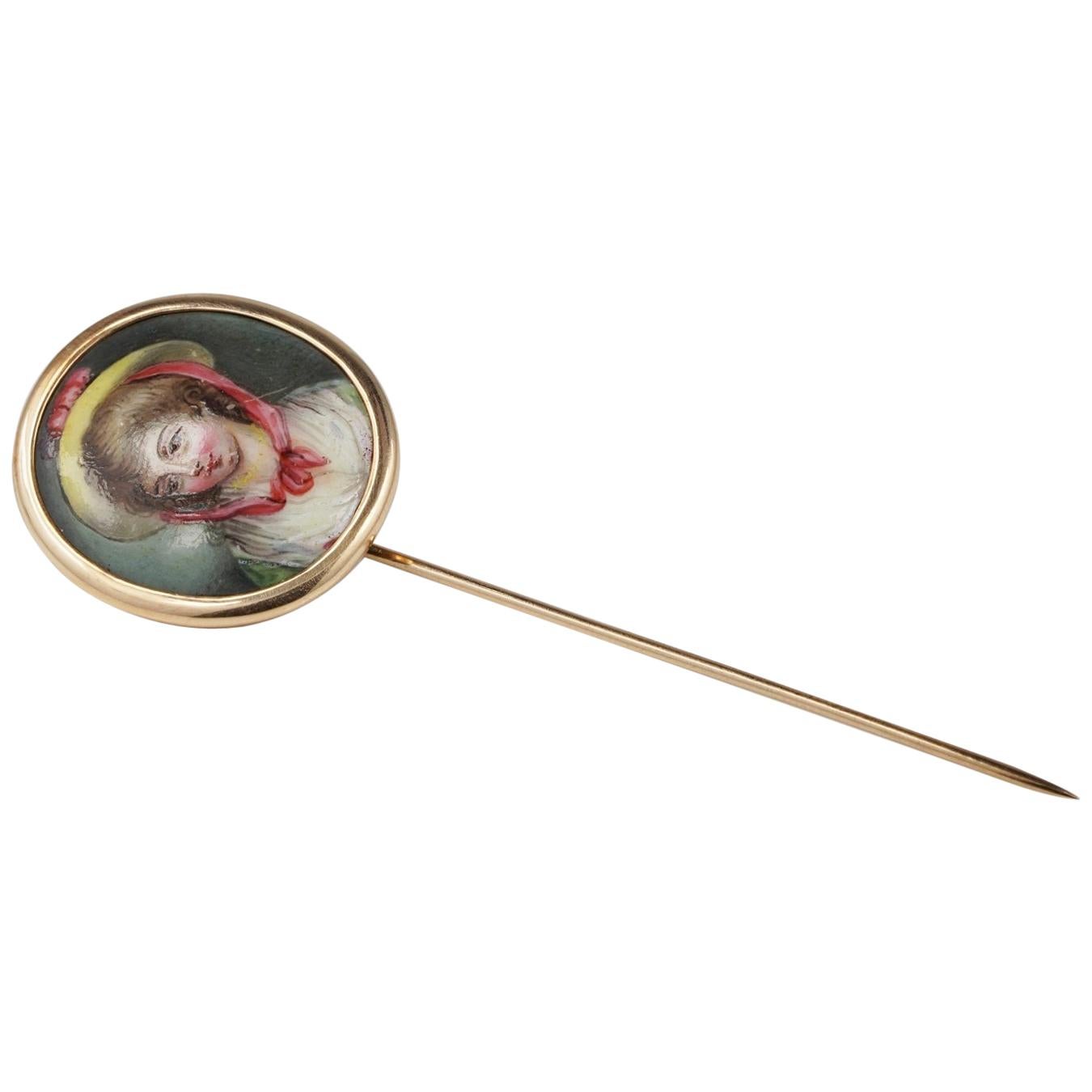 Georgian Stunning Young Boy Enamel Miniature Large Stick Pin in Gold For Sale