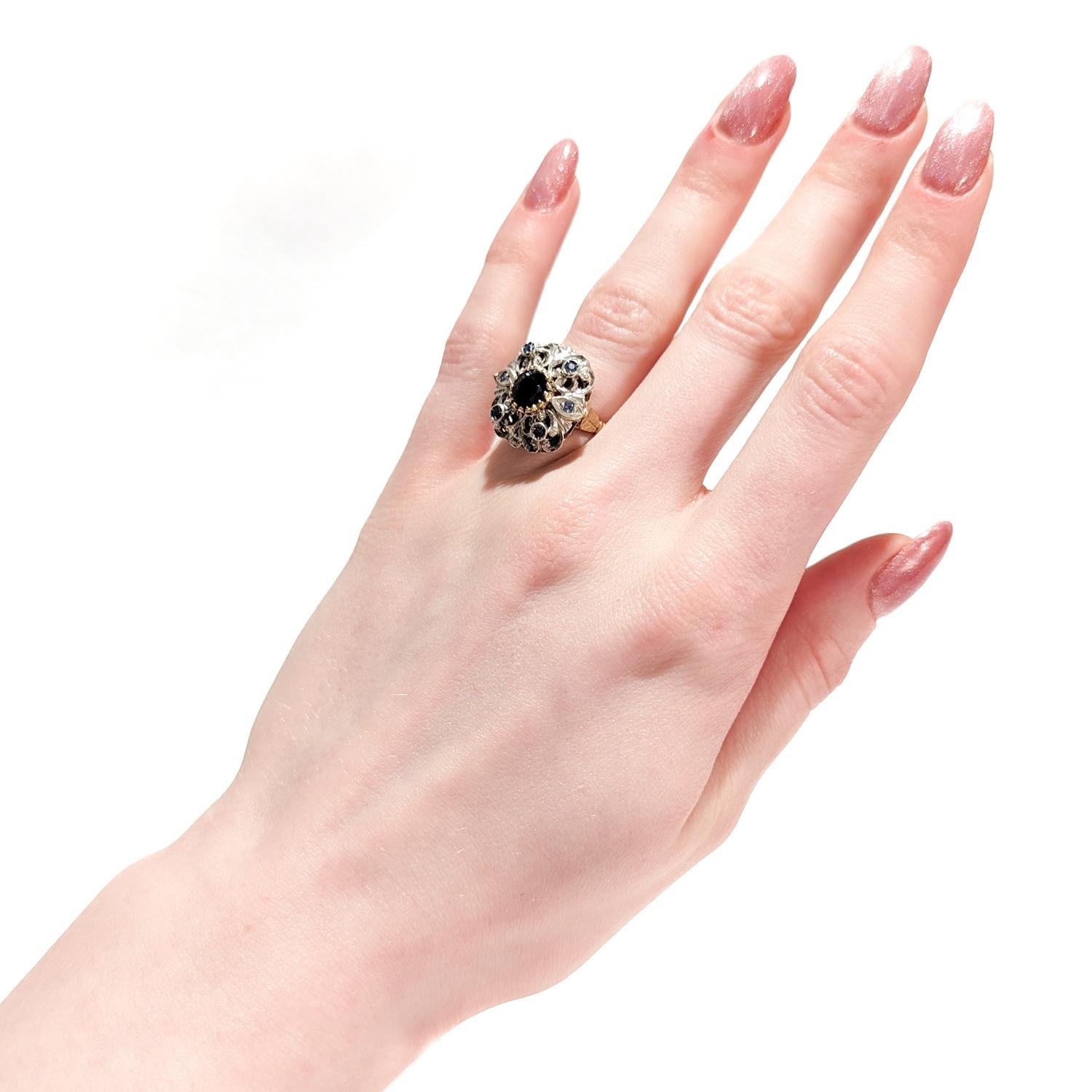 Round Cut Georgian Style 14K Gold, Sapphire, and Diamond Ring