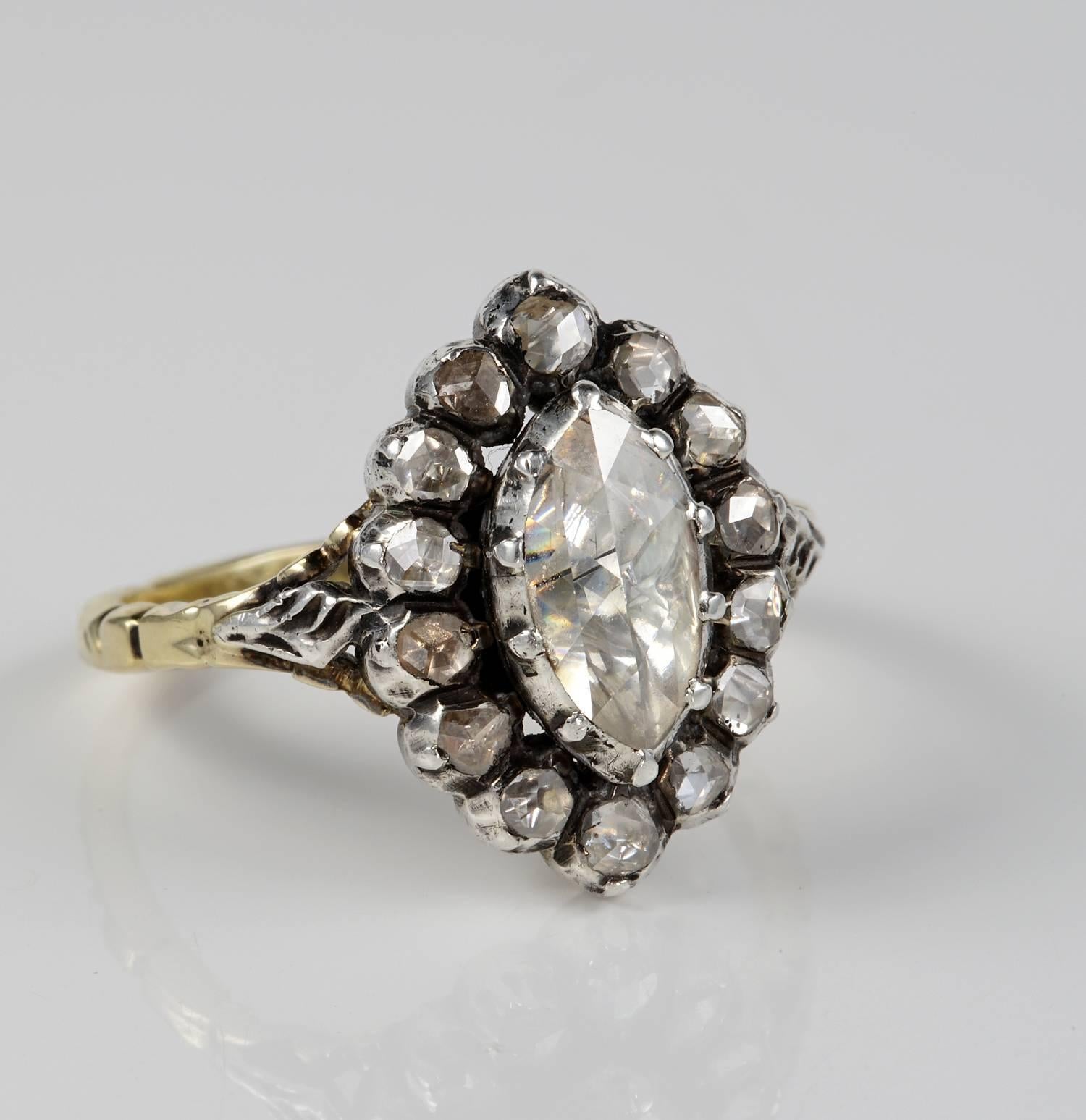Georgian period in style Diamond cluster ring of rare beauty
Centrally set with Navette Rose cut Diamond of extremely fine, well proportioned cut high grade in either colour than clarity
Spreading as much as 1.10 Carat Diamond, measurements given