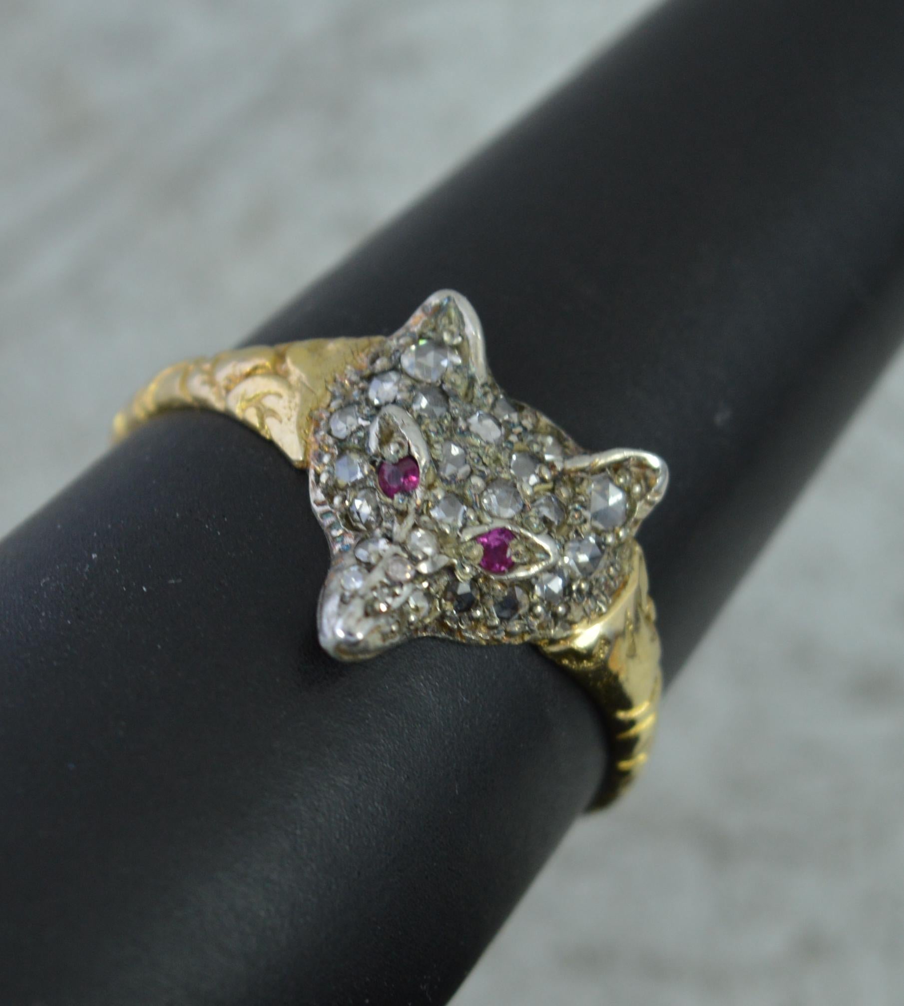 Georgian Style 18ct Gold Ruby and Rose Cut Diamond Fox Cluster Ring For Sale 6