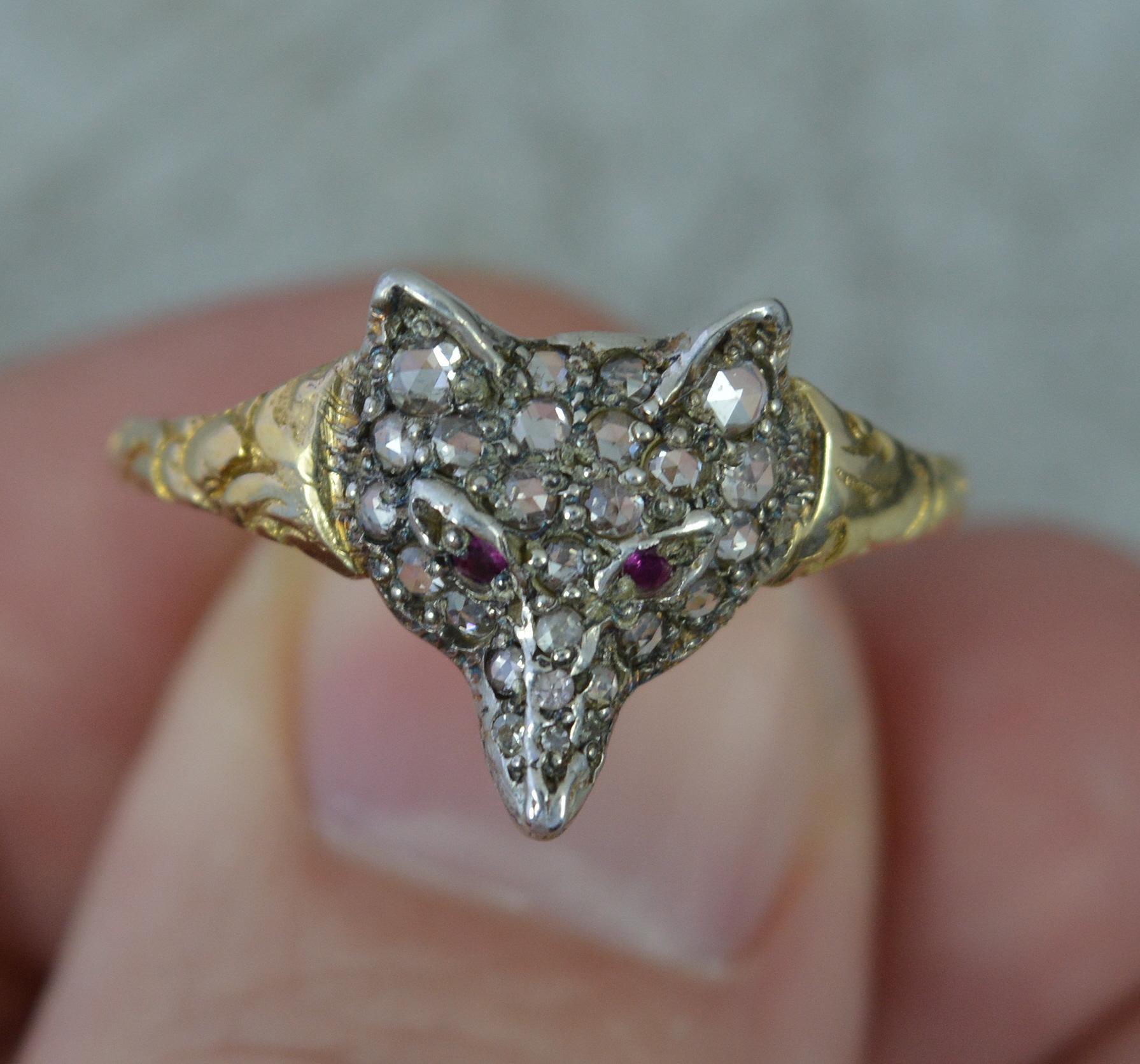 Georgian Style 18ct Gold Ruby and Rose Cut Diamond Fox Cluster Ring In Excellent Condition In St Helens, GB
