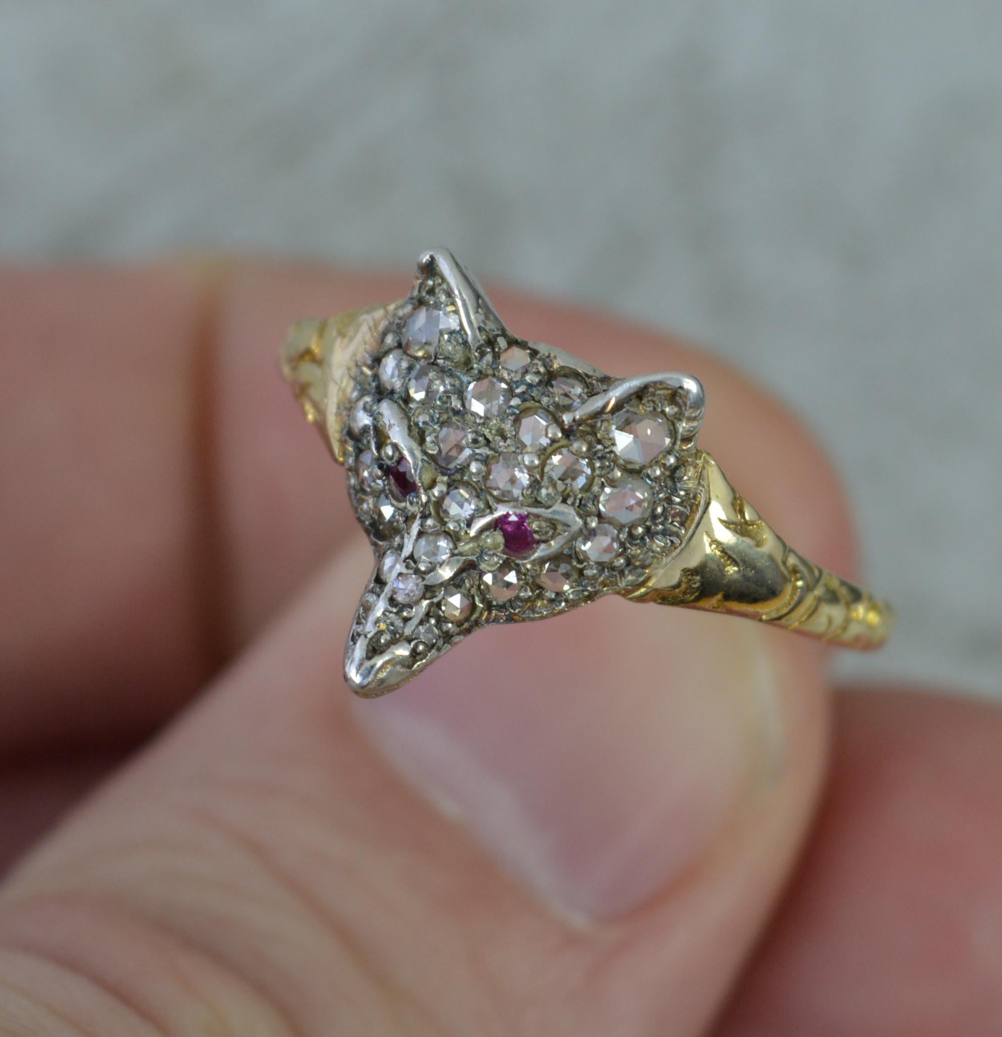 Women's Georgian Style 18ct Gold Ruby and Rose Cut Diamond Fox Cluster Ring For Sale