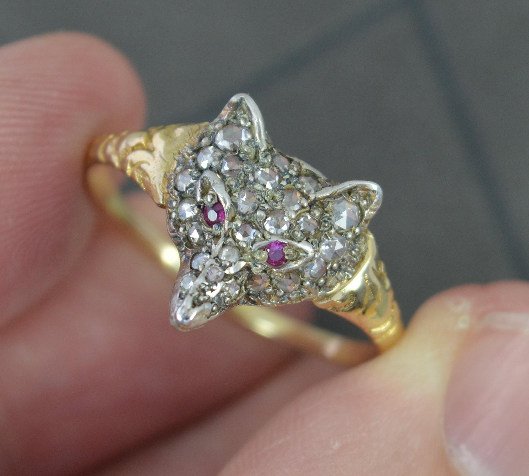 Georgian Style 18ct Gold Ruby and Rose Cut Diamond Fox Cluster Ring For Sale 1