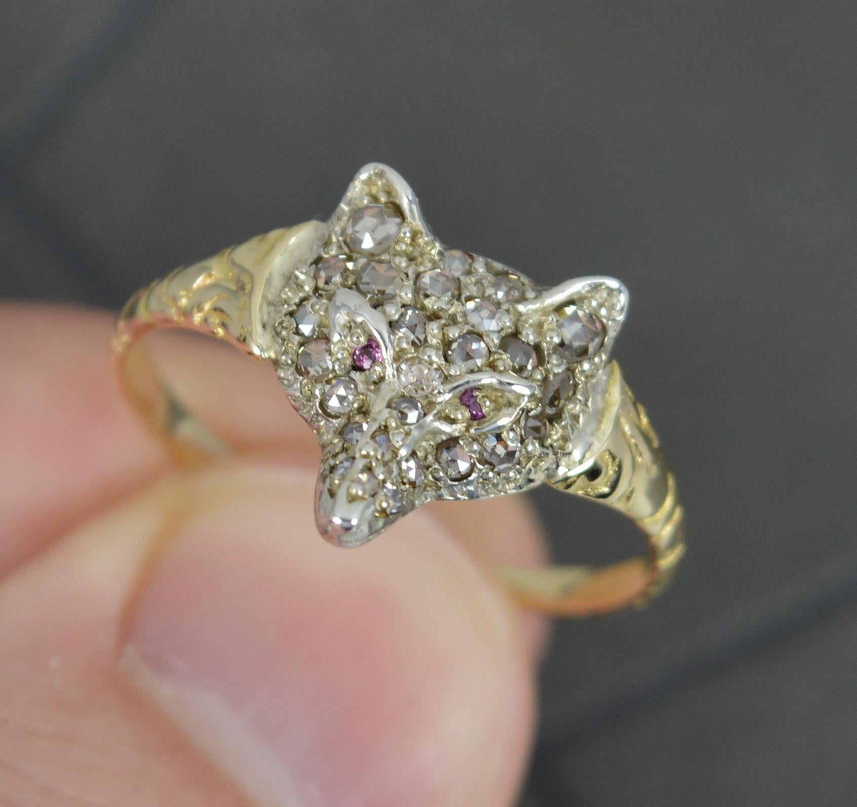 Georgian Style 18ct Gold Ruby and Rose Cut Diamond FOX Cluster Ring For Sale 4