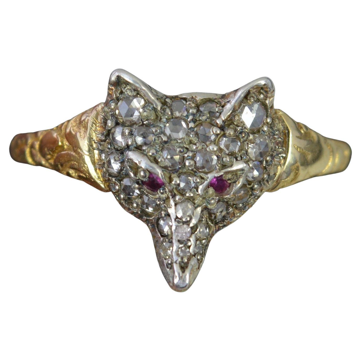 Georgian Style 18ct Gold Ruby and Rose Cut Diamond Fox Cluster Ring For Sale
