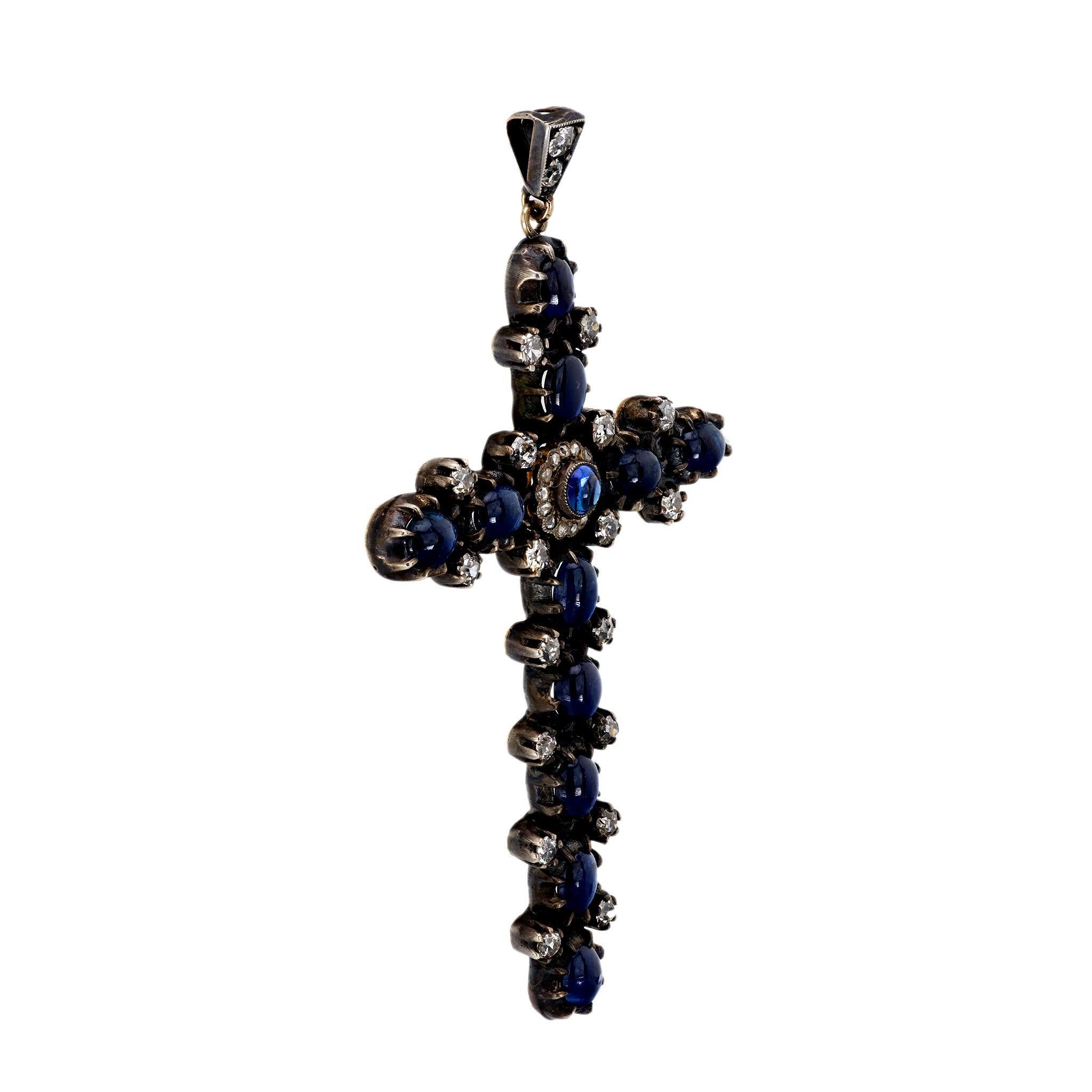 Georgianischer Kreuzanhänger im georgianischen Stil 4,30 Karat Saphir Diamant 18k Gelbgold Silber (Moderne) im Angebot
