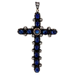 Georgian style 4.30 carat sapphire diamond 18k yellow gold silver cross pendant