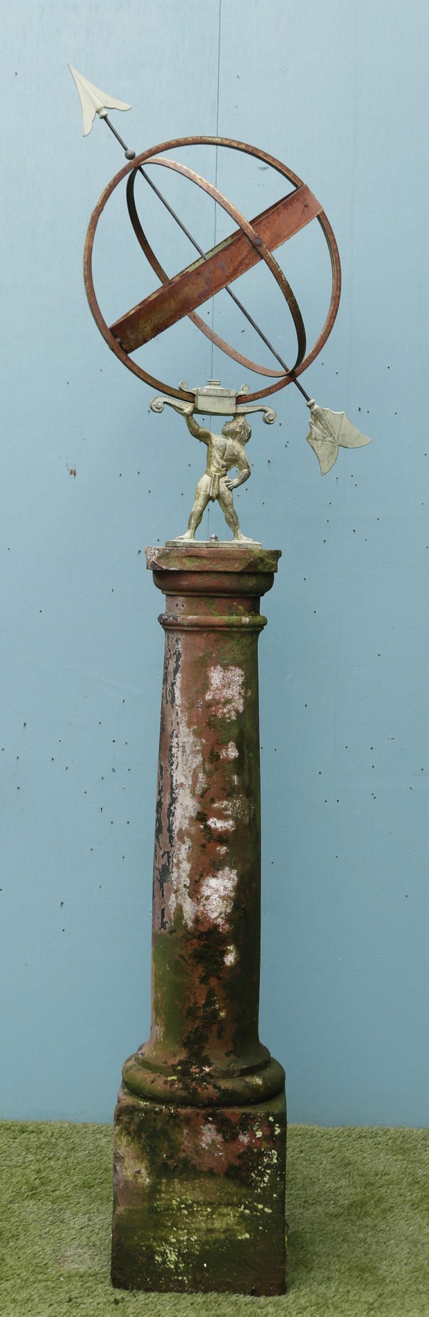 A Georgian style garden sundial. The 20th century armillary sphere mounted upon a Georgian red sandstone column plinth.

Additional Dimensions:

Overall height 193 cm

Height of the stone base 115 cm

Base 27 x 27 cm

Diameter of ring 44 cm