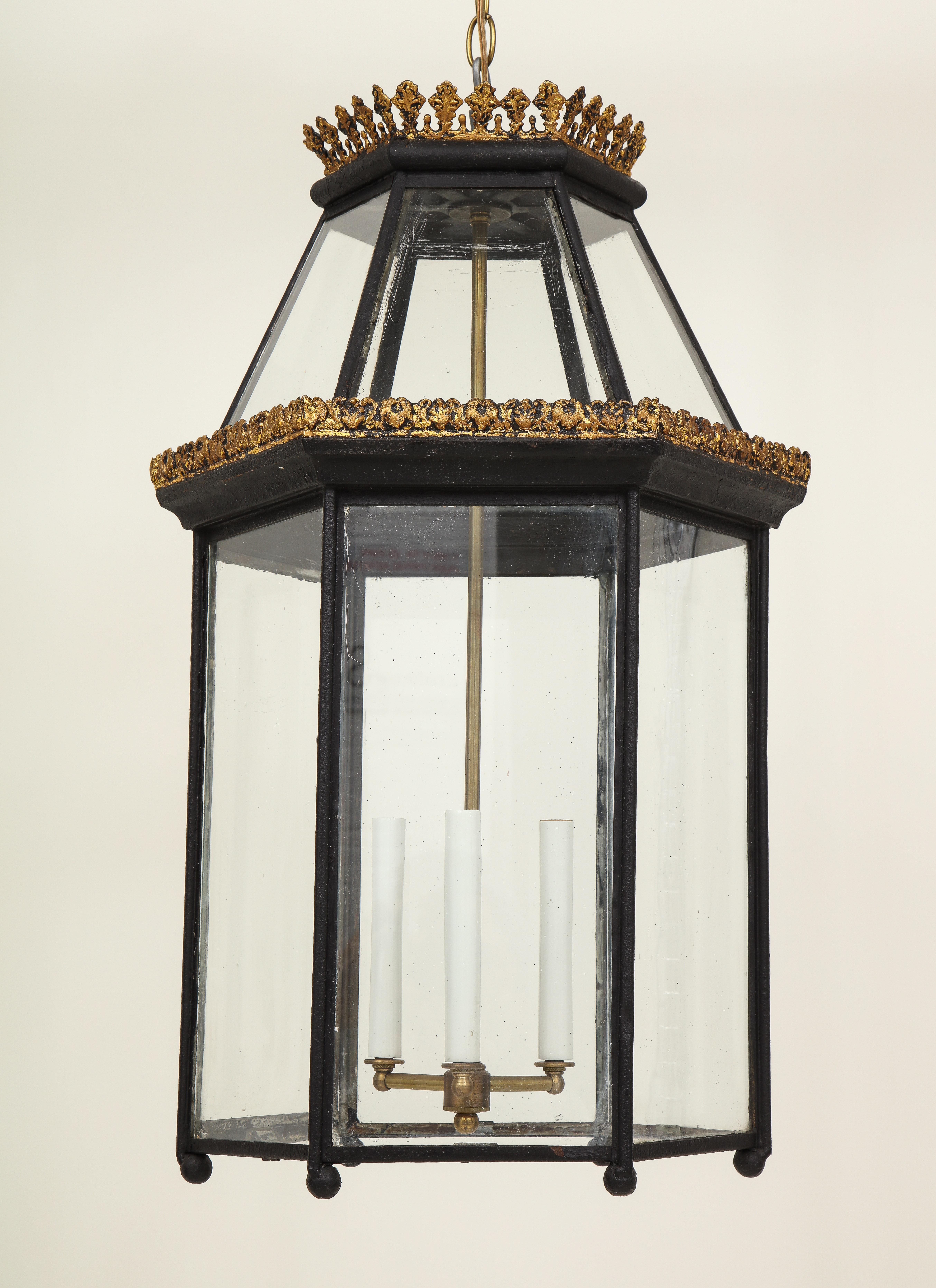 20th Century Georgian Style Black and Gilt Metal and Glass Hall Lantern