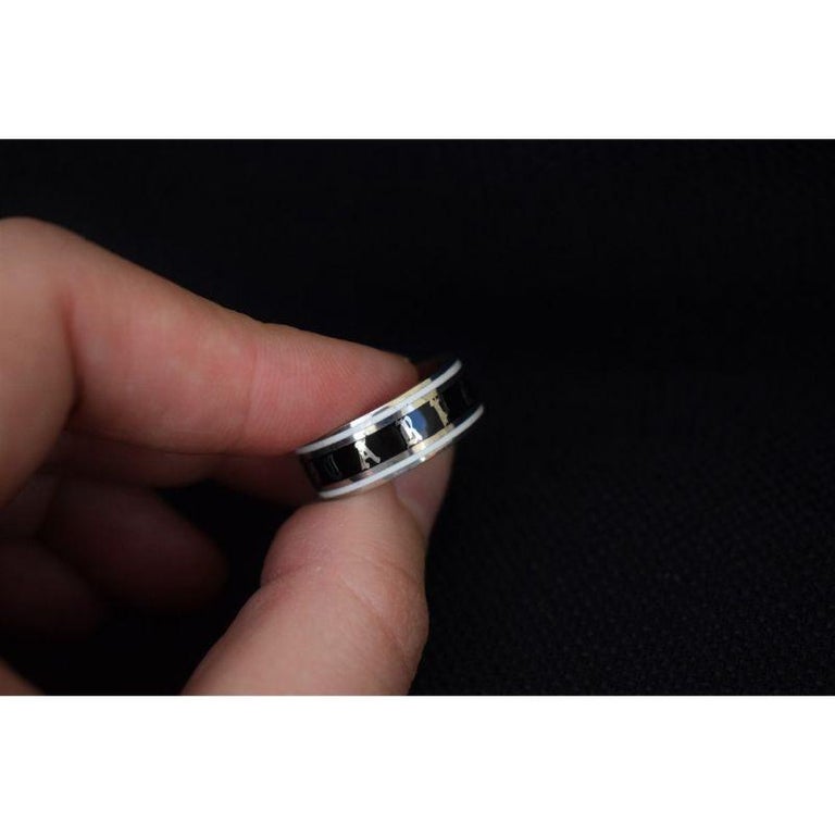 For Sale:  Georgian Style Black Enamel Memento Mori Ring, Enamel Silver Skeleton Band Ring 10
