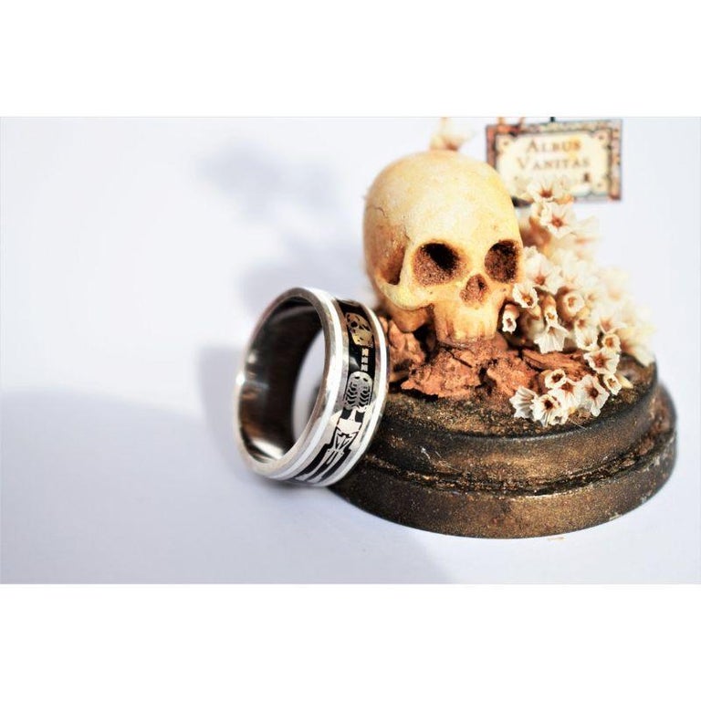 For Sale:  Georgian Style Black Enamel Memento Mori Ring, Enamel Silver Skeleton Band Ring 2