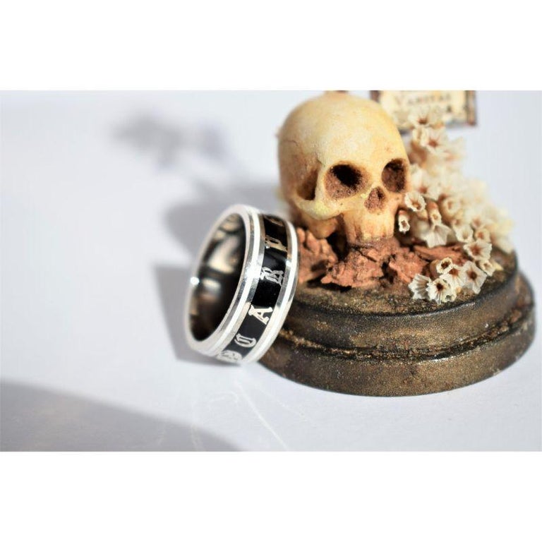 For Sale:  Georgian Style Black Enamel Memento Mori Ring, Enamel Silver Skeleton Band Ring 3