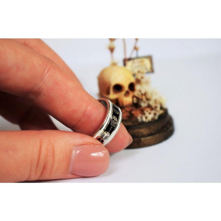 For Sale:  Georgian Style Black Enamel Memento Mori Ring, Enamel Silver Skeleton Band Ring 4