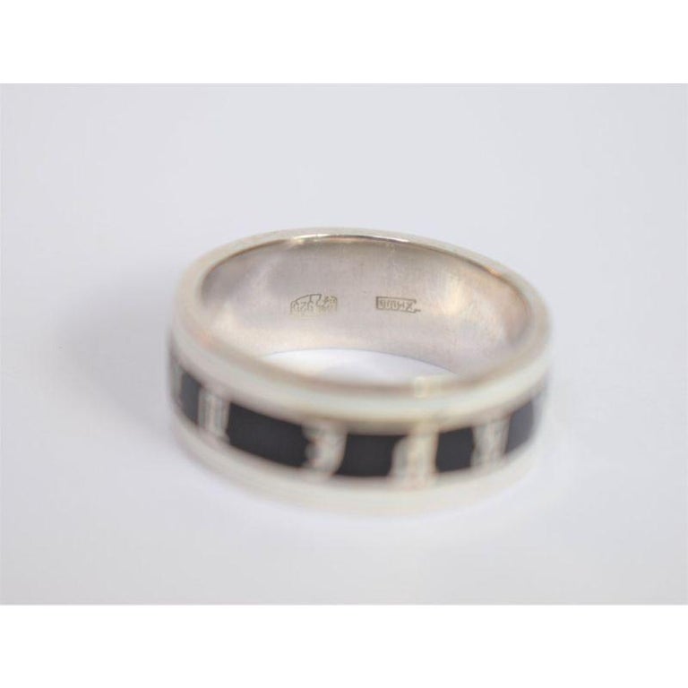 For Sale:  Georgian Style Black Enamel Memento Mori Ring, Enamel Silver Skeleton Band Ring 8