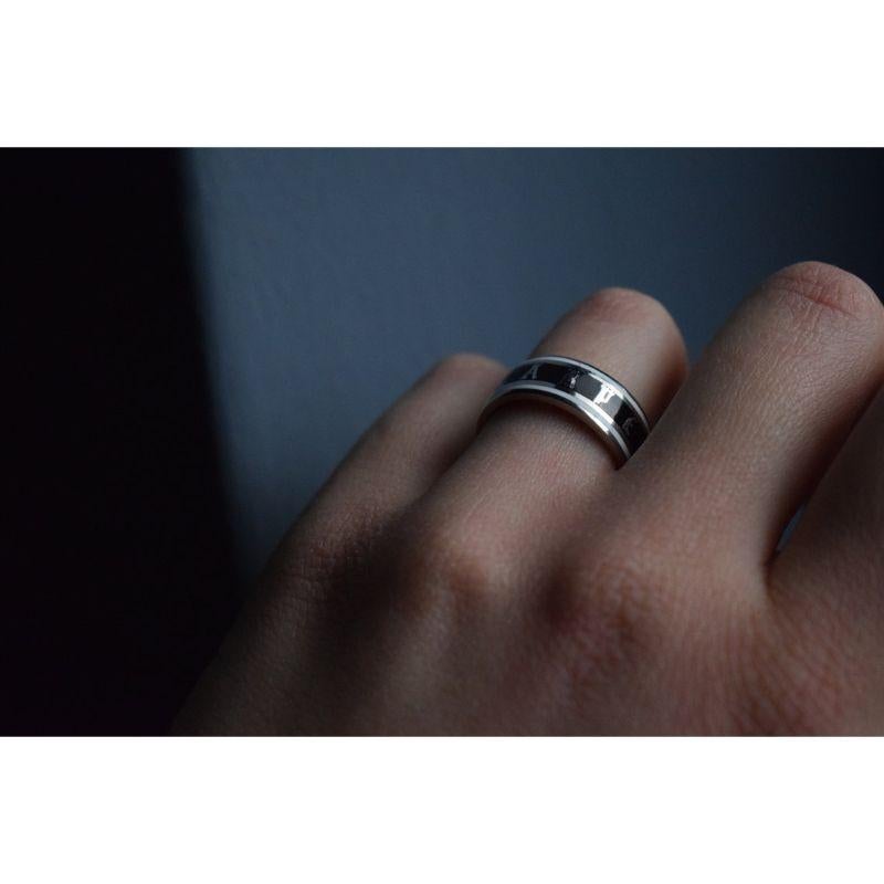 For Sale:  Georgian Style Black Enamel Memento Mori Ring, Enamel Silver Skeleton Band Ring 9