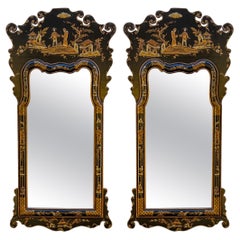 Georgian Style Black Lacquer 
Gilt Chinoiserie Mirrors - Pair