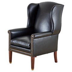 Georgian Style Black Leather Wingback Library Chair