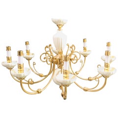 Georgian Style Brass and White Ceramic Eight-Arms Chandelier